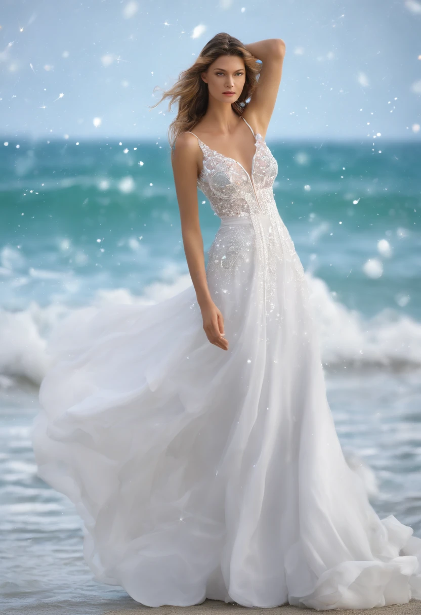 (Best quality,4K,8K,A high resolution,Masterpiece:1.2), Ultra-detailed, (Realistic,Photorealistic,photo-realistic:1.37), fashion show photo, Gisele Bundchen,Adriana Lima,Candace Swanepul, (Supermodel physique), fashion show photo, ((Full body photo)), Ethereal, Romantic, supermodel body, A long flowing dress,(Chanel style clothing), Opal necklace, Beautiful high heels, Glamorous, Flowing trousers, indoor: Runway scene, (Snowflakes in the background, wave,stars, ), shot from a far distance, Photographic texture.