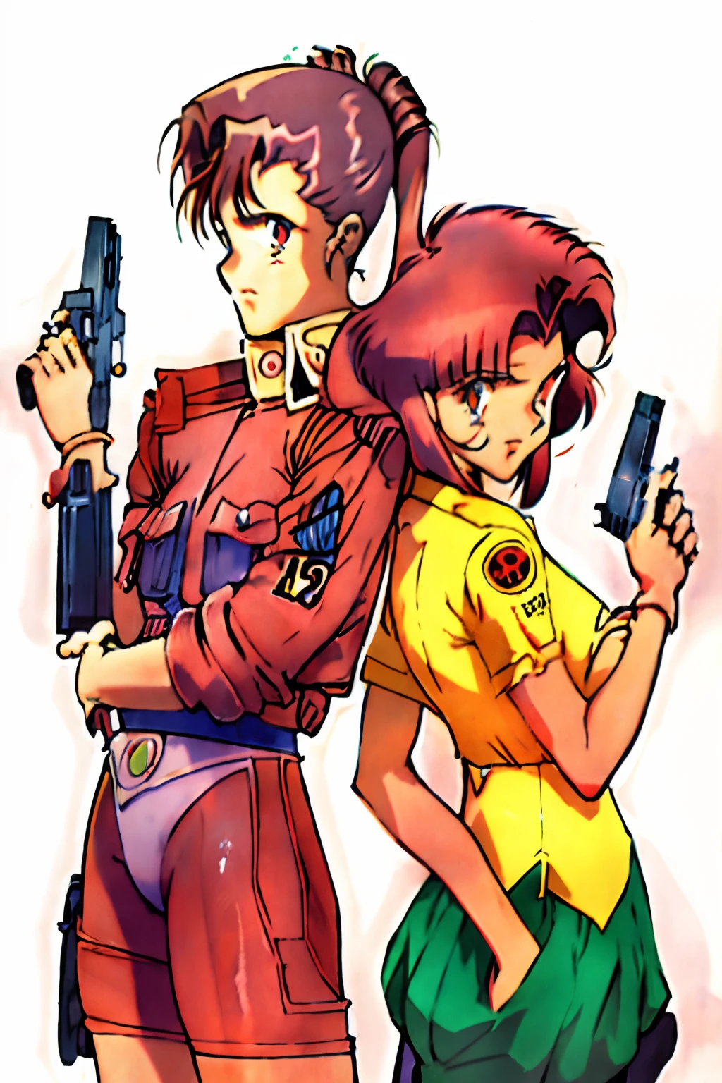 two anime characters are holding guns and posing for a picture, gainax anime style, gainax, studio gainax illustration, studio gainax art, 1 9 9 0 s anime, 1990s anime, 1 9 9 0's anime, studio gainax, 80s anime ova style, 90s anime, 9 0 s anime
