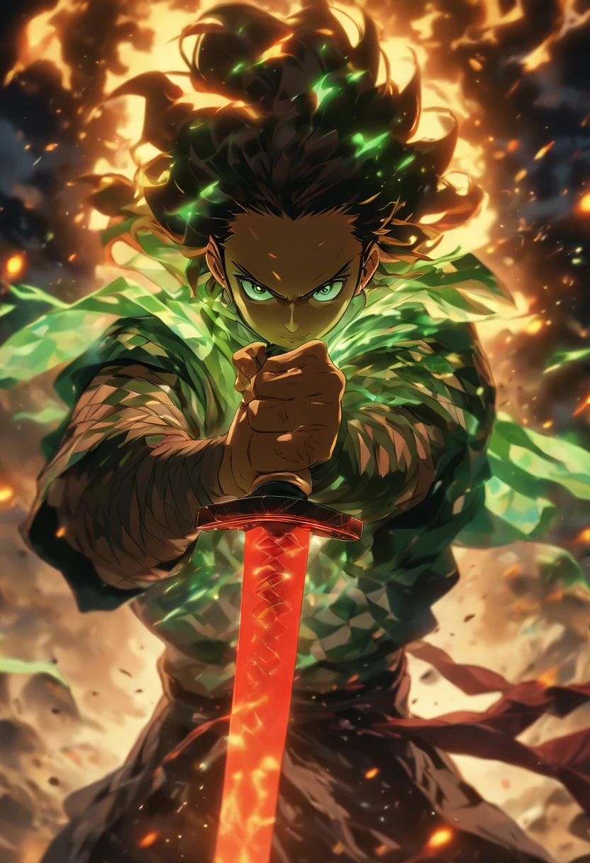 /imagine prompt: A fierce-looking Tanjiro from (demon slayer) with his sword standing with a menacing gaze and expression, people around her avoiding her in fear, ,with green energy around him, 32k, best quality, masterpiece, super detail, high details, by Makoto Shinkai ,in the style of the stars art group xing xing, --niji 5"