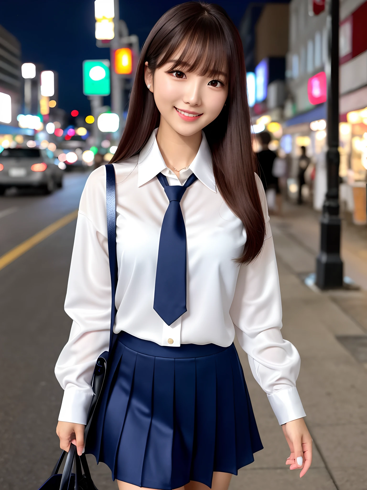 product quality, 1girl, upper body shot, front view, a Japanese young pretty woman, long bob hair, walking on a crowded sidewalk with a big smile in the night, beautiful night view, glamorous figure, wearing a long sleeves white collared silky satin shirt with shiny satin dark blue plain tie, wearing a dark blue pleated long skirt, carrying one tote bag over her shoulder, hyper cute face, glossy lips, double eyelids in both eyes, natural makeup, long eyelashes, shiny smooth light brown long bob hair, asymmetrical bangs, a tanned skin, central image, high resolution, high detail, detailed hairstyle, detailed face, spectacular cinematic lighting, octane rendering, vibrant, hyper realistic, perfect limbs, perfect anatomy