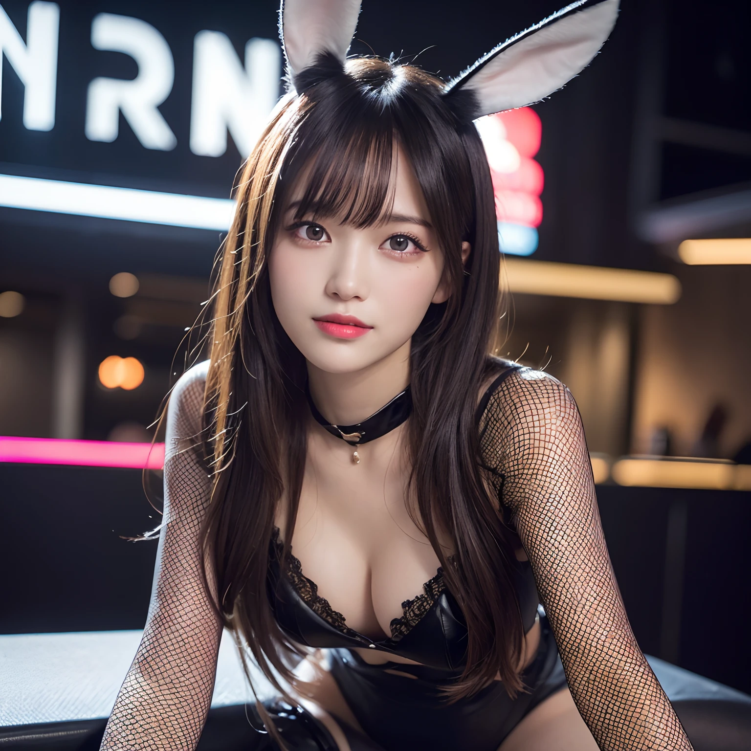 In the nightclub, (Raw photo: 1.2), of the highest quality, Beautiful detailed girl, Bunny ears, Smile, Highly detailed eyes and face, Beautiful detailed eyes, Huge file size, High resolution, High resolution, 8K Wallpaper, Fine detail, Highly detailed ticker uniform 8K wallpaper, Light on Face, Movie Lighting, 25-year-old girl, Sexy Pose, (Photorealism: 1.4), Illustration, surrealism, From below, Super Detail, masutepiece, Playboy Bunny Costume, fishnets pantyhose, On all fours