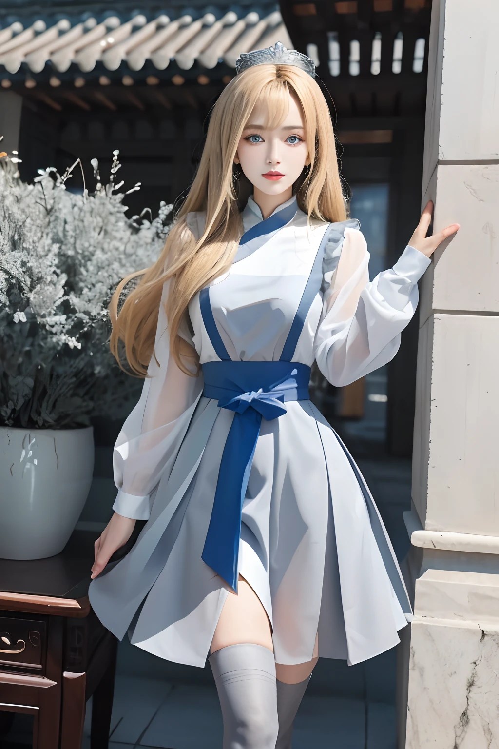 8K，Need，tmasterpiece，high detal，Semi-realistic，hoang lap，bump，1 girl，younger female，Chinese girl，Pouting，19years old，lieutenant，Long blonde hair covered by bangs on his right eye，blue right-eyed，Jewelry Crown，Azure Chinese loli dress，long  skirt，Light gray stockings，slimfigure，full-body portraits，akimbo，Blue and gray high heels，Cross your hands at the waist，Kiss，Light gray stockings，Stockings，Sell moe