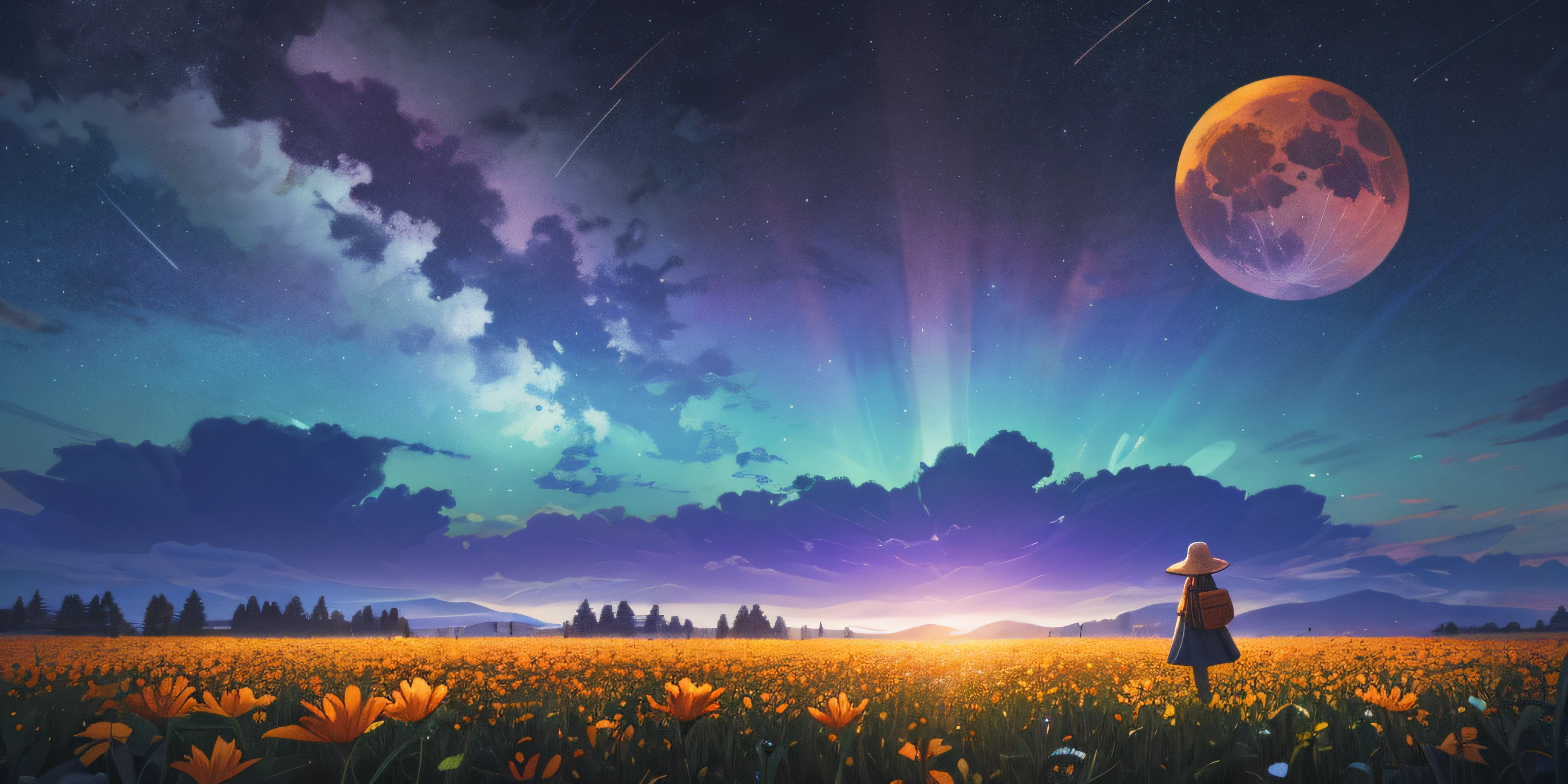 A wide landscape photo, (viewed from below, the sky is above, and the open field is below), a girl standing on a flower field looking up, (full moon: 1.2), (meteor: 0.9), (nebula: 1.3), distant mountains , Trees BREAK Crafting Art, (Warm Light: 1.2), (Firefly: 1.2), Lights, Lots of Purple and Orange, Intricate Details, Volumetric Lighting BREAK (Masterpiece: 1.2), (Best Quality), 4k, Ultra Detailed, (Dynamic Composition: 1.4), Rich in Detail and Color, (Rainbow Color: 1.2), (Glow, Atmospheric Lighting), Dreamy, Magical, (Solo: 1.2)