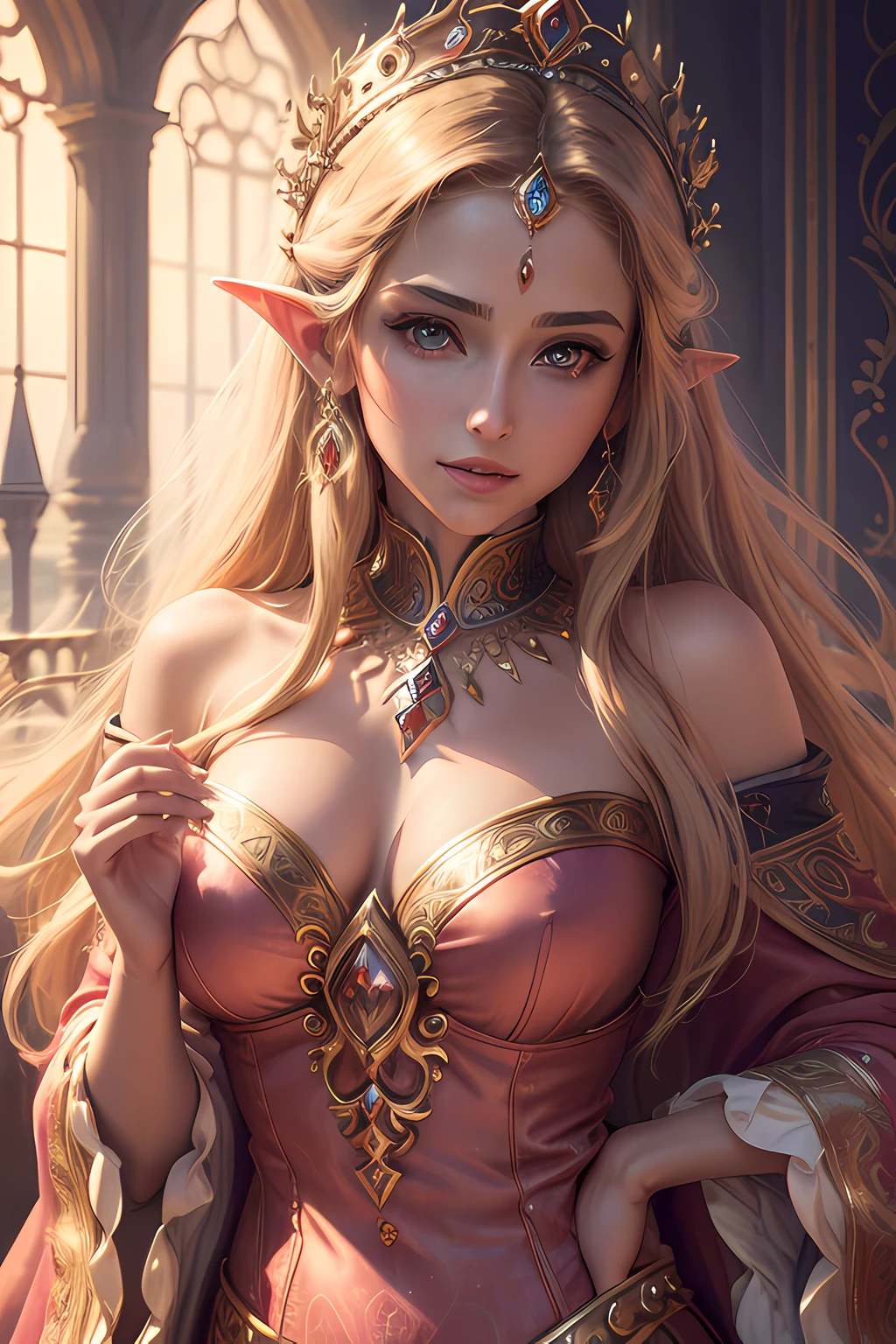 (highres, ultra-detailed, realistic:1.37), portraits, princess Zelda, beautiful body, beautiful detailed eyes, detail-oriented nose, luscious lips, long flowing hair, radiant smile, elegant crown, royal attire, intricate jewelry, graceful pose, enchanting expression, majestic castle in the background, vibrant colors, soft lighting, regal atmosphere, atmospheric perspective, stunning landscape, floating clouds, magical aura, timeless beauty, intricate patterns, ethereal ambiance, striking contrast, dreamlike quality, cinematic composition