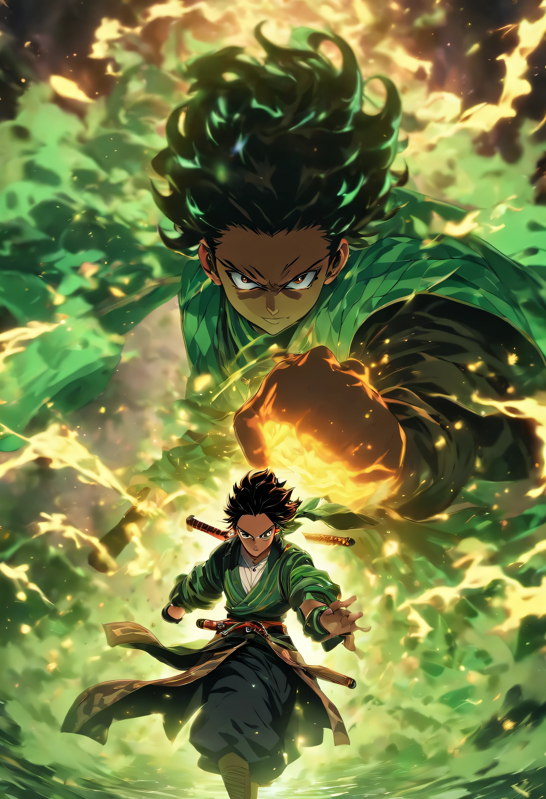 /imagine prompt: A fierce-looking Tanjiro from (demon slayer) with his sword standing with a menacing gaze and expression, people around her avoiding her in fear, ,with green energy around him, 32k, best quality, masterpiece, super detail, high details, by Makoto Shinkai ,in the style of the stars art group xing xing, --niji 5"