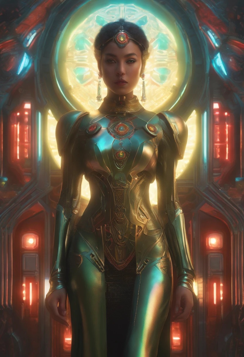 indigenous futurism, indian cybernetic cyborg goddess, cyberpunk, the style of fantastical fantasy compositions, dark prism, eye-catching metallic compositions, symmetrical arrangements, eye-catching iridescent red, blue, green,yellow,bright neon,luminous, distinctive noses, ethereal,bloody colorful, eye-catching compositions with rainbow prism,high resolution, masterpiece,composite cybernetic metallic bodysuit, indigenous cybernetic jewellery and ornaments,symmetrical design ,character concept art,Rendered in Octane,trending in artstation, cgsociety, 8khighly detailed,Junji Murakami, Mucha Klimt, Sharandula, Hiroshi Yoshida, Tom Bagshaw, Ross Tran, Artgerm,Craig Mullins,dramatic,Junji Murakami, moody lighting post-processing,cinematic lighting ,ar 2:3 –uplight