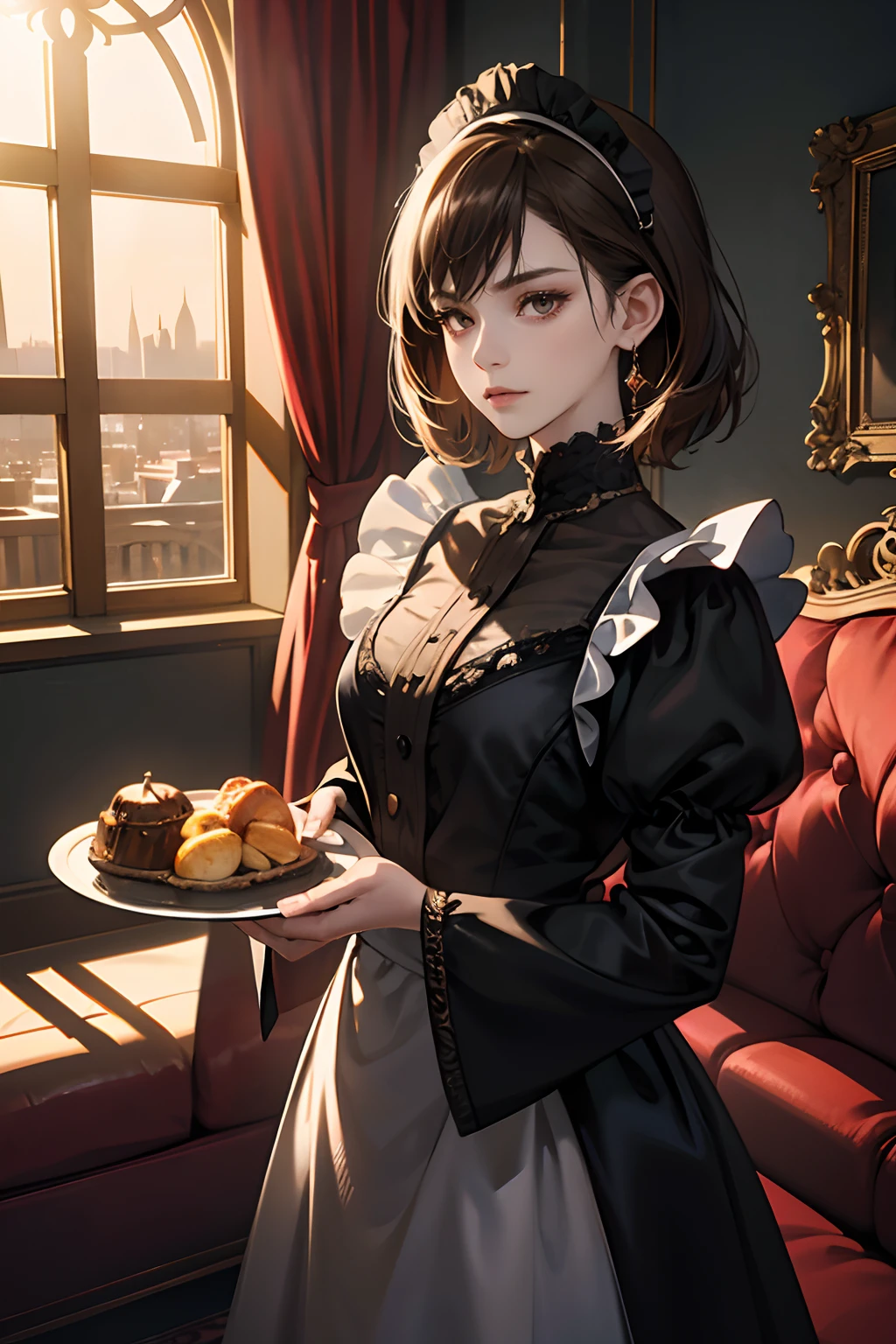 (tmasterpiece, high resolution,ultra - detailed:1.0),1 girl,Young and beautiful women,eye looking to camera,Perfect female body, (Vampire Castle), Extremely detailed CG,Unity 8k wallpaper,Complicated details, solo person, (Short brown hair,Maid clothes,Serious expression),Luxurious living room,Gothic style,Tray in hand,Dark night,Portrait,color difference, Depth of field,dramatic shadow, Ray tracing, Best quality, Cinematic lighting,offcial art,