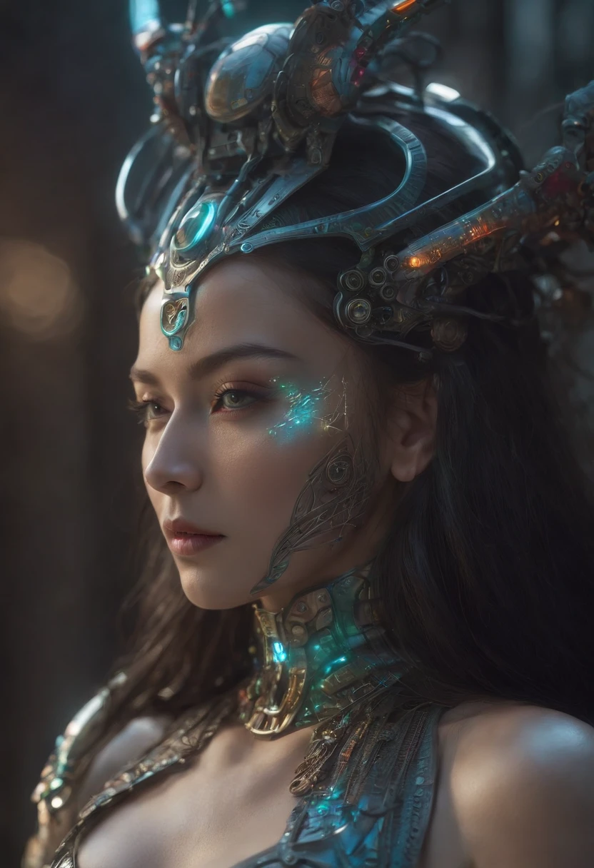 indigenous futurism, indian cybernetic cyborg goddess, cyberpunk, the style of fantastical fantasy compositions, dark prism, eye-catching metallic compositions, symmetrical arrangements, eye-catching iridescent red, blue, green,yellow,bright neon,luminous, distinctive noses, ethereal,bloody colorful, eye-catching compositions with rainbow prism,high resolution, masterpiece,composite cybernetic metallic bodysuit, indigenous cybernetic jewellery and ornaments,symmetrical design ,character concept art,Rendered in Octane,trending in artstation, cgsociety, 8khighly detailed,Junji Murakami, Mucha Klimt, Sharandula, Hiroshi Yoshida, Tom Bagshaw, Ross Tran, Artgerm,Craig Mullins,dramatic,Junji Murakami, moody lighting post-processing,cinematic lighting ,ar 2:3 –uplight