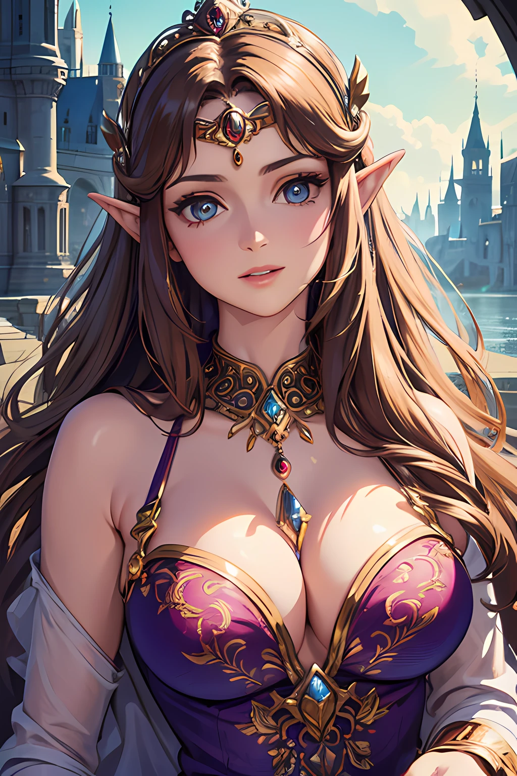 (highres, ultra-detailed, realistic:1.37), portraits, princess Zelda, beautiful body, beautiful detailed eyes, detail-oriented nose, luscious lips, long flowing hair, radiant smile, elegant crown, royal attire, intricate jewelry, graceful pose, enchanting expression, majestic castle in the background, vibrant colors, soft lighting, regal atmosphere, atmospheric perspective, stunning landscape, floating clouds, magical aura, timeless beauty, intricate patterns, ethereal ambiance, striking contrast, dreamlike quality, cinematic composition