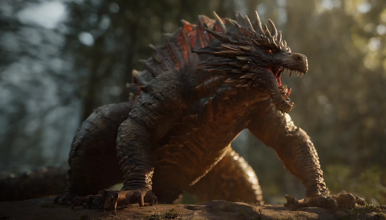 Golden Tenryu,Harsh red eyes,Close-up release of blood fire from the nose,Chest scales,high high quality,8K,Many details,Fire lettuce,Alas,4 legs,Spotted claws,golds,dangers,fires,dentes pontiagudos,big dragon,immensity,threatening,imponent