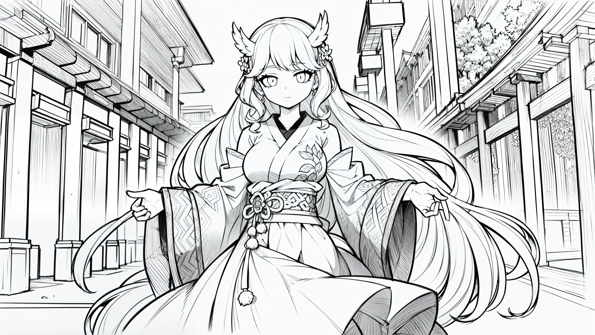 1girl, (very_long_hair, curly_hair, white_hair:1.3) (cowboy shot:1.3), japanese temple, sakura trees, jewelry, (coloring book, masterpiece:1.3), (extremely intricate:1.2), (sketch, doodles, monochrome, lineart:1.2),