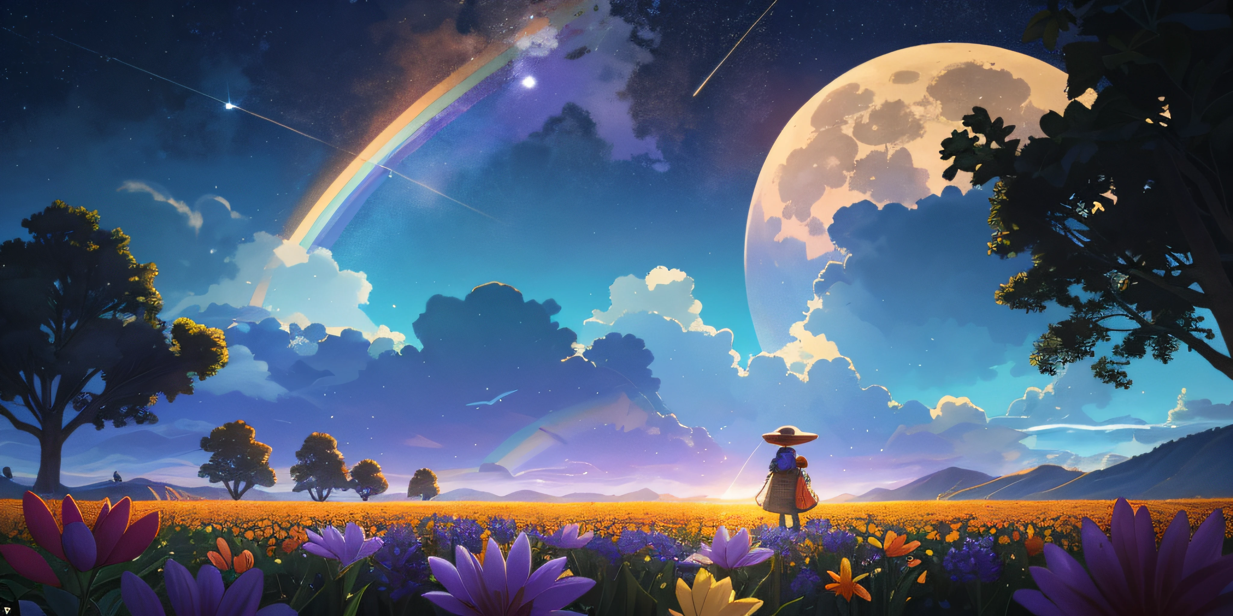 A wide landscape photo, (viewed from below, the sky is above, and the open field is below), a girl standing on a flower field looking up, (full moon: 1.2), (meteor: 0.9), (nebula: 1.3), distant mountains , Trees BREAK Crafting Art, (Warm Light: 1.2), (Firefly: 1.2), Lights, Lots of Purple and Orange, Intricate Details, Volumetric Lighting BREAK (Masterpiece: 1.2), (Best Quality), 4k, Ultra Detailed, (Dynamic Composition: 1.4), Rich in Detail and Color, (Rainbow Color: 1.2), (Glow, Atmospheric Lighting), Dreamy, Magical, (Solo: 1.2)