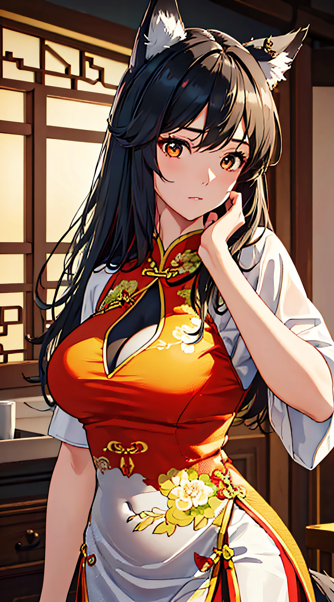 graceful movements,
I will generate a detailed prompt based on this topic：(best quality,4k,8k,highres,masterpiece:1.2),ultra-detailed,(realistic,photorealistic,photo-realistic:1.37),cool,vintage cheongsam,dress, classroom, tight-fitting clothing, voluptuous chest, seductive pose, illustration, vibrant colors, soft lighting, traditional Chinese elements,(wearing wolf ears:1.3),shallow depth of field, hands hanging down, elegant movement.