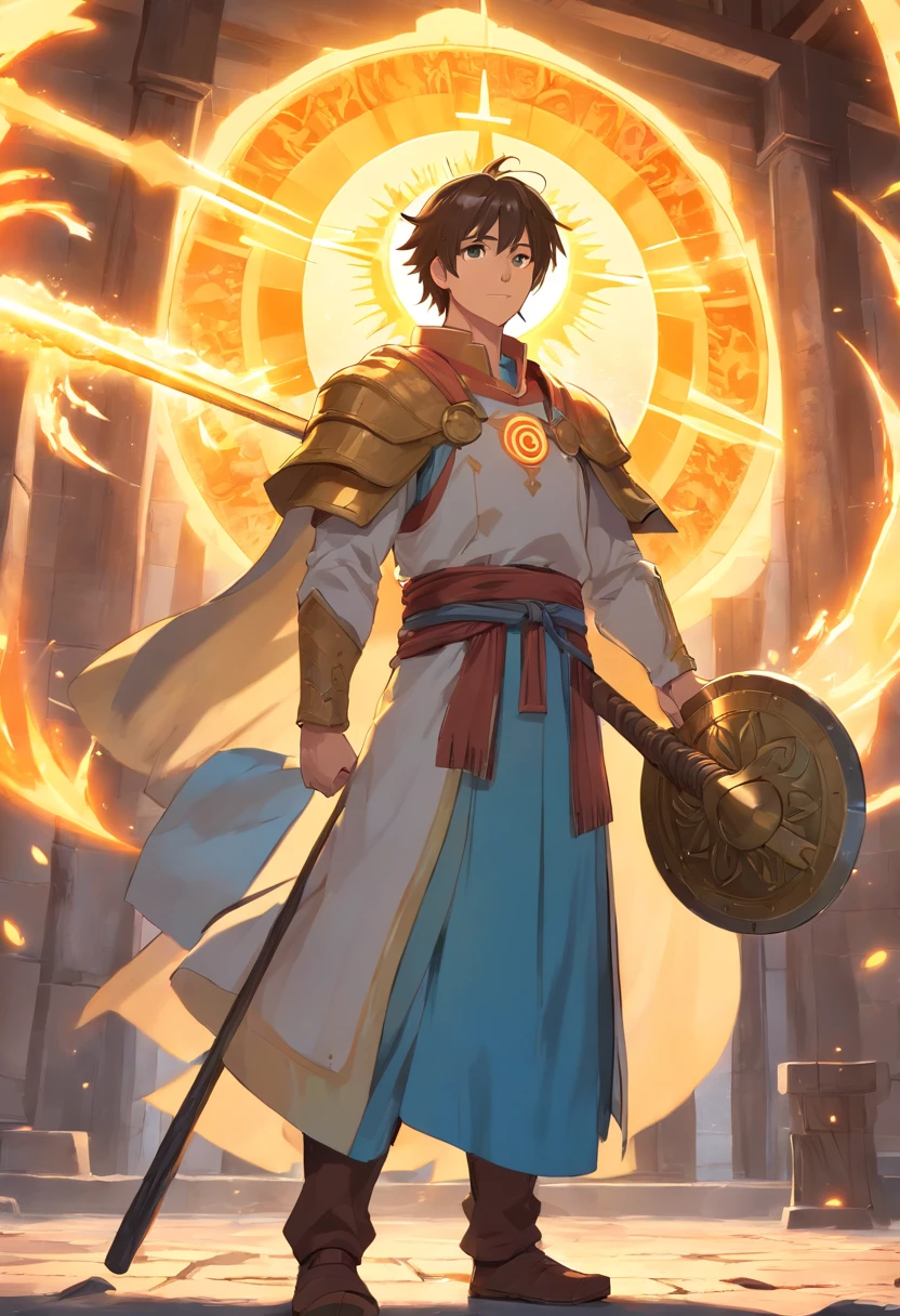 Strong man cleric holding a large hammer with sun symbol in one hand, and in the other a shield with sun symbol, medieval fantasy style