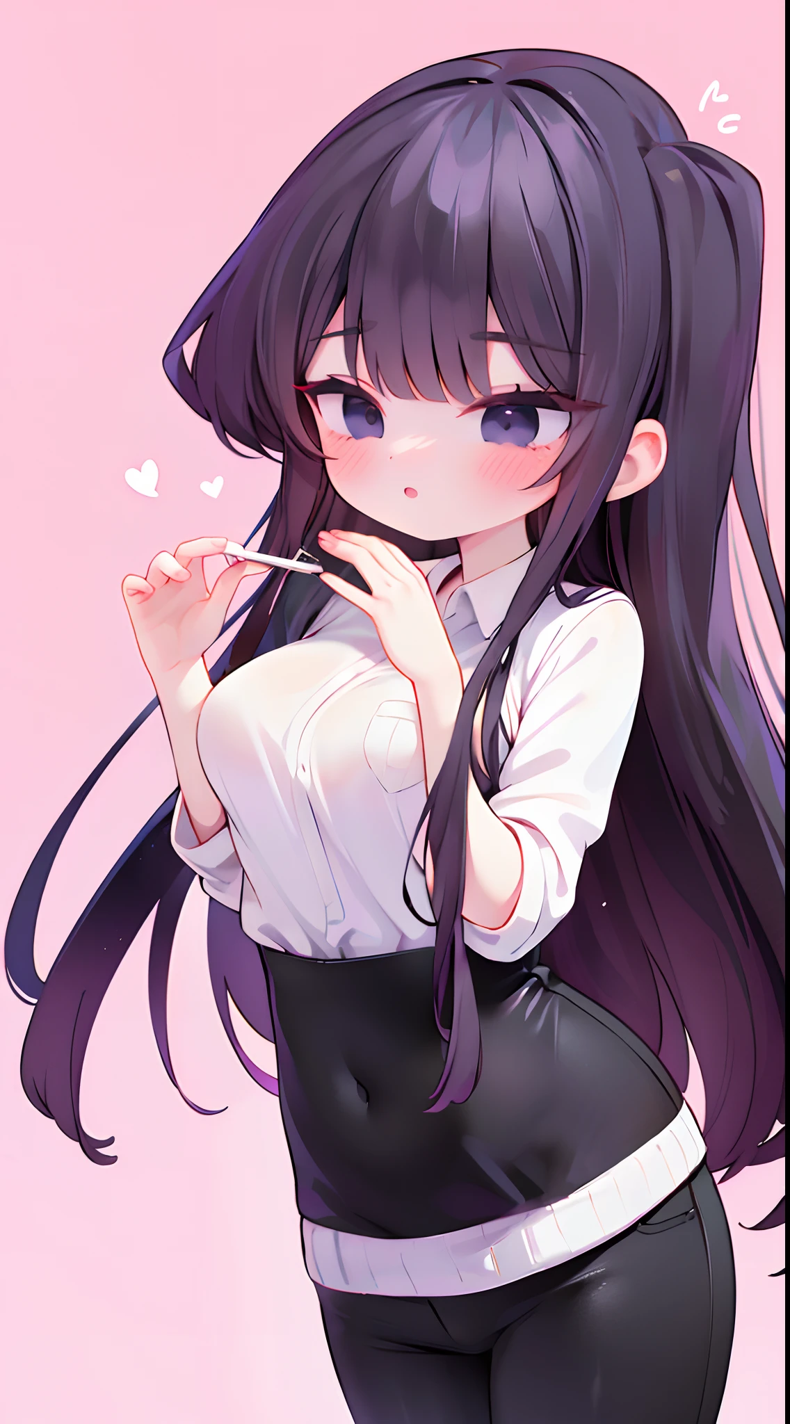 komi shouko,D cup，slimfigure，black long dress，skinny pants，long trousers，The shirt，Simetall，Hell Whisperer style,Lots of pink hearts，Love background，Fleshy thighs，highly rendered，detailed face with