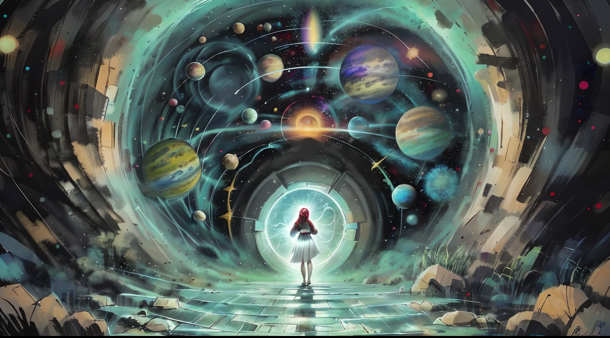 uma mulher, ao centro de vestido comprido, cor Branco, flowing red hair, em frente a um portal espacial com vista para o sol, Um portal para outro universo, realista, Portal to another dimension, Mundo, visible only through the portal, Fantasia De Alta Qualidade Foto Stock, portal para outro Mundo, Portal to outer space, estilo pintura, Looking into space, universo, Magical Galactic Portal, O Ciclo das Estrelas, Deus