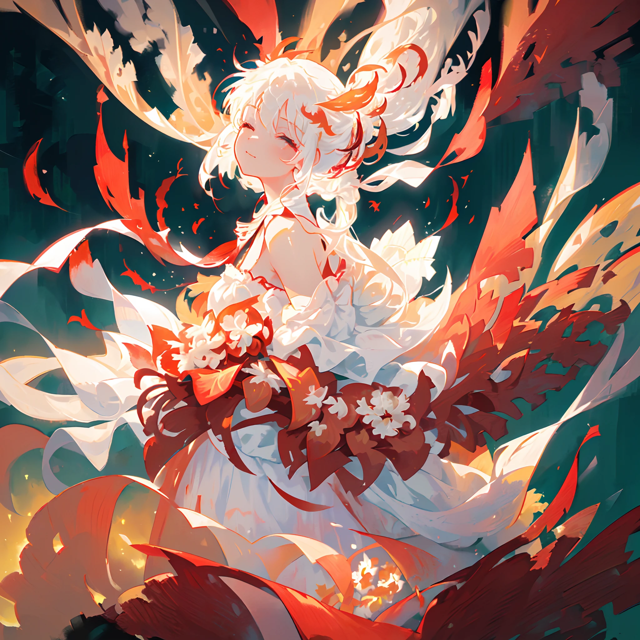 ((solo)), ((close-up side profile)) of a girl with (eyes closed), ((head tilted up)), white hair that is tied up, (faint smile), flowing hair, (burning flowers, fire), (lots of floating petals and flowers, motion blur), (frilly white silk strapless dress with lace and (red ribbons)), flowing cloth, (((red flames in background))), masterpiece, extreme details