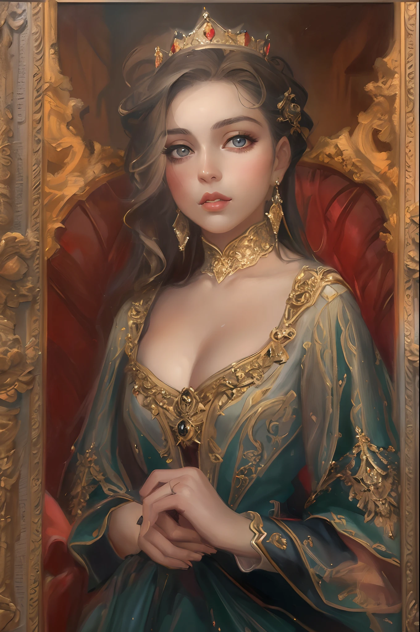 beautiful detailed eyes, beautiful detailed lips, elegant posture, luxurious dress, regal background, crown, confident expression, historical setting, soft lighting, oil painting style, vibrant colors, realistic portrait, best quality, high resolution, masterful brushstrokes