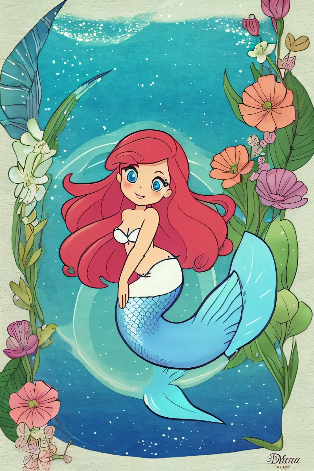 cute mermaid chibi, para capa livro infantil, fundo branco, poucos detalhes, Desenho simples, poucos outros elementos, Adesivo 2D, Corpo inteiro, desenho aquarela