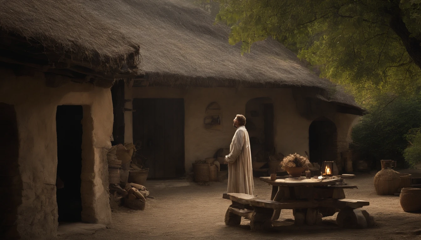 ((masterpiece)), (top quality), (best quality), A medieval village, huts with stone walls and thatched roofs, a dirt path, exotic trees, people tending to wear long robes and tunics, atmospheric, medieval, cinematic, real photo