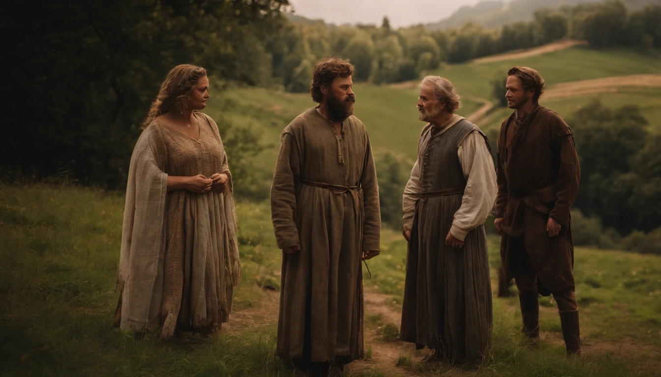 ((masterpiece)), (top quality), (best quality), A medieval village, huts with stone walls and thatched roofs, a dirt path, exotic trees, people tending to wear long robes and tunics, atmospheric, medieval, cinematic, real photo