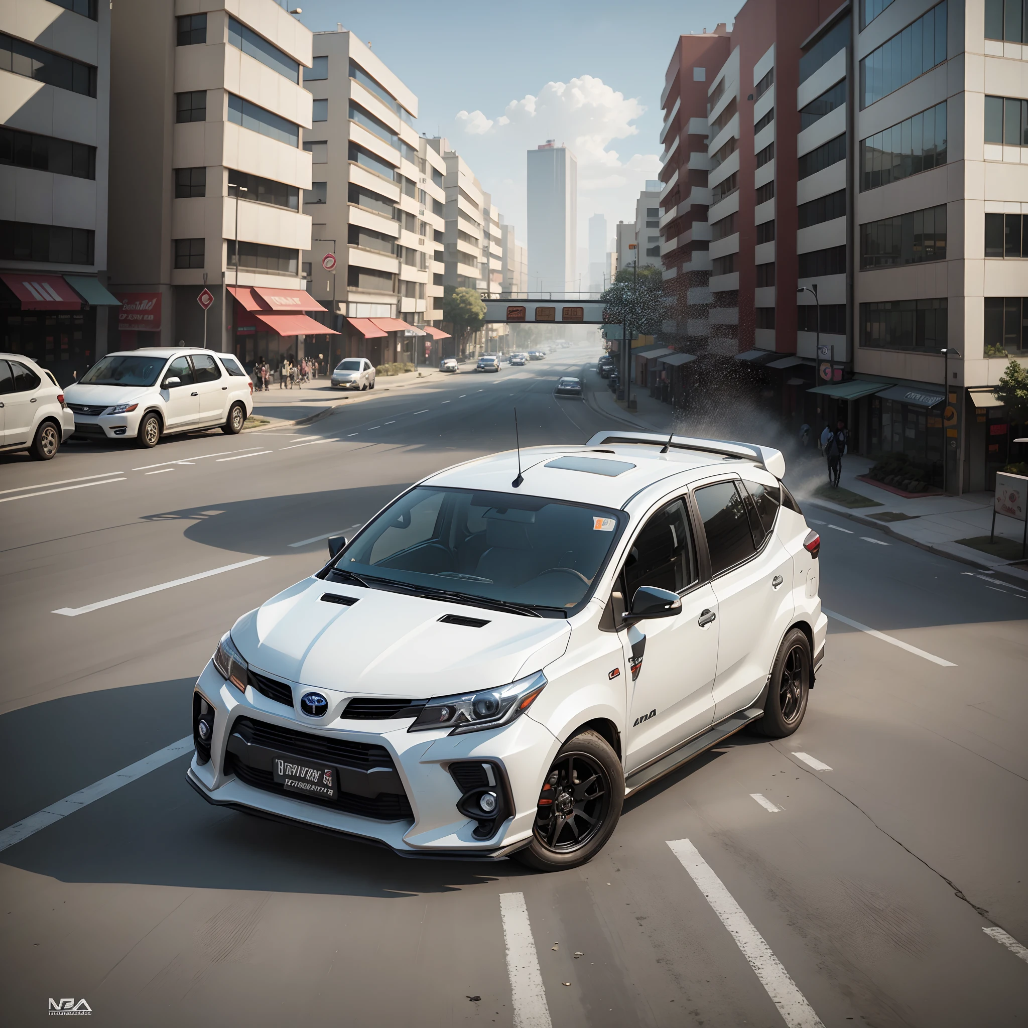 (masterpiece) 1 White Toyota Avanza, Drifting on city streets, amazing details, realistic graphics, great graphics, building backdrops, tire smoke,