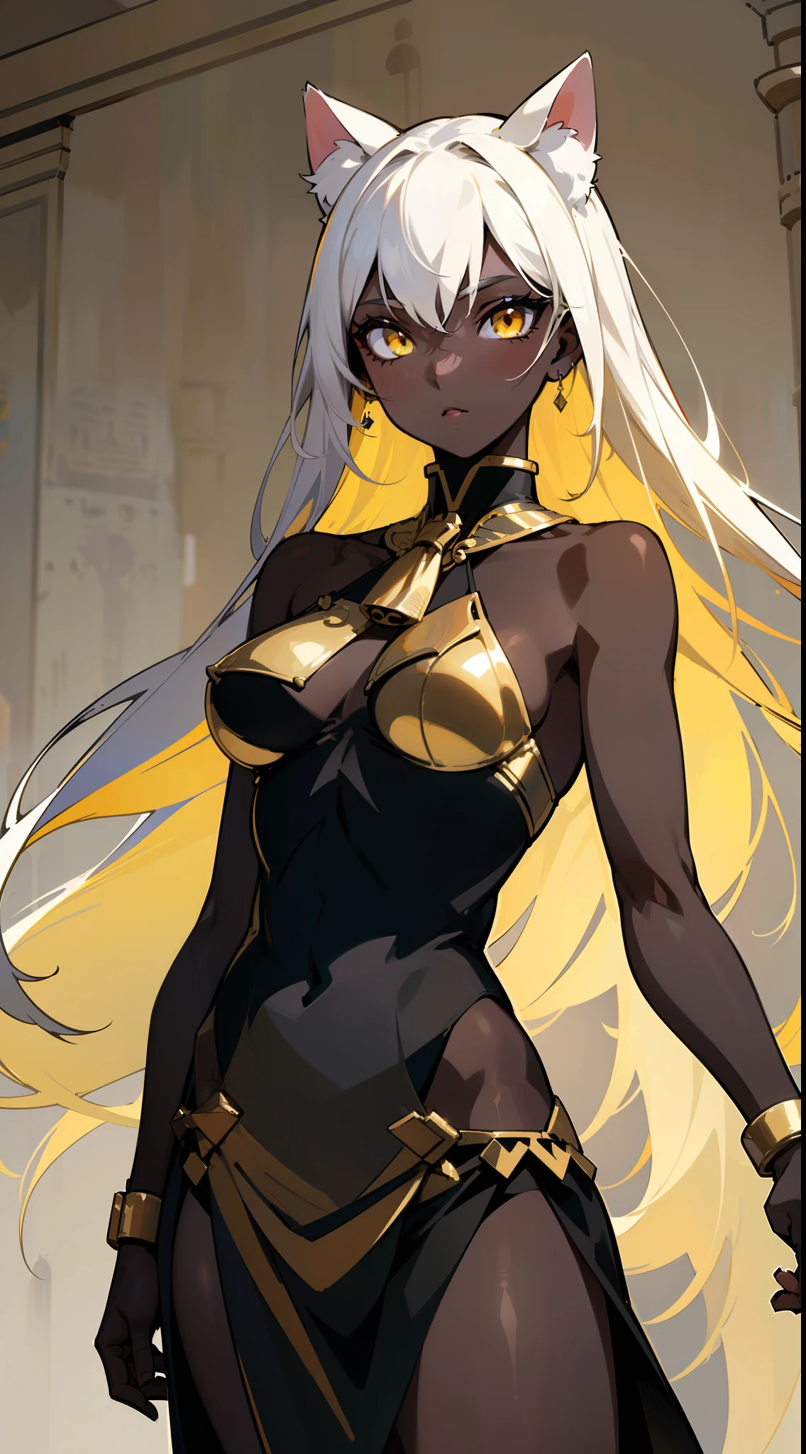 (Original Character,8k, Masterpiece, Best Quality,Detailed, Beautiful Detailed Eyes, solo),1girl ,20s,neutral face, egypt black ande golden outfit,medium tits,white hair,long hair,yellow eyes,Cat ears,((standing in a castle in egypt)),(colored skin, black skin),cowboy shot,