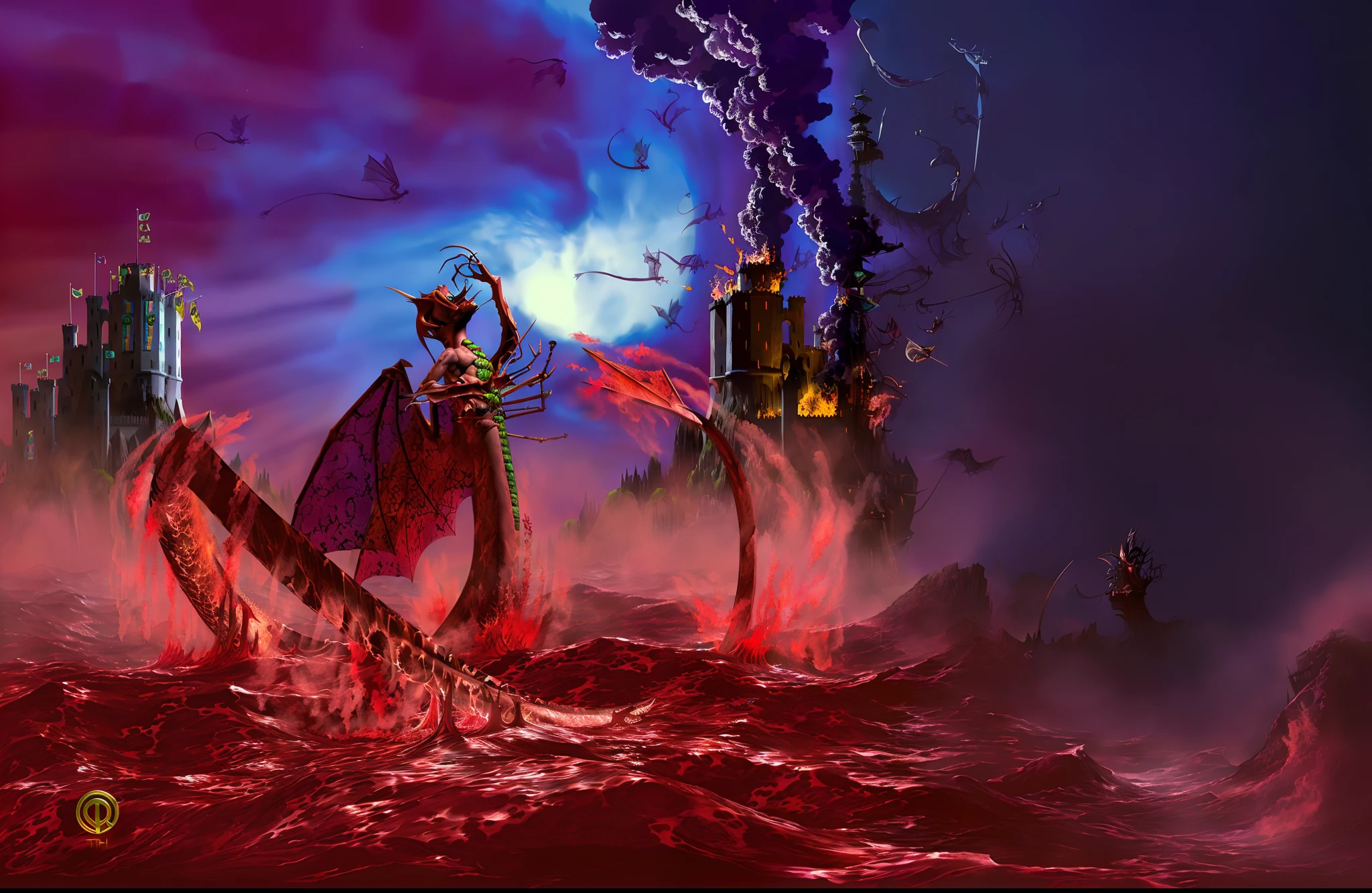 A demonic dragon attacks a ship in the Red Sea with a city in the background, an ominous fantasy illustration, inspired by Rodney Matthews, the devil in hell as a dragon, Stylized works of urban fantasy, Blood River in Hell, "Inferno" by Wayne Barlow, Dark matte fantasy painting, Queen of Hell, Epic full-color illustration, fantasy book illustration, epic fantasy illustration