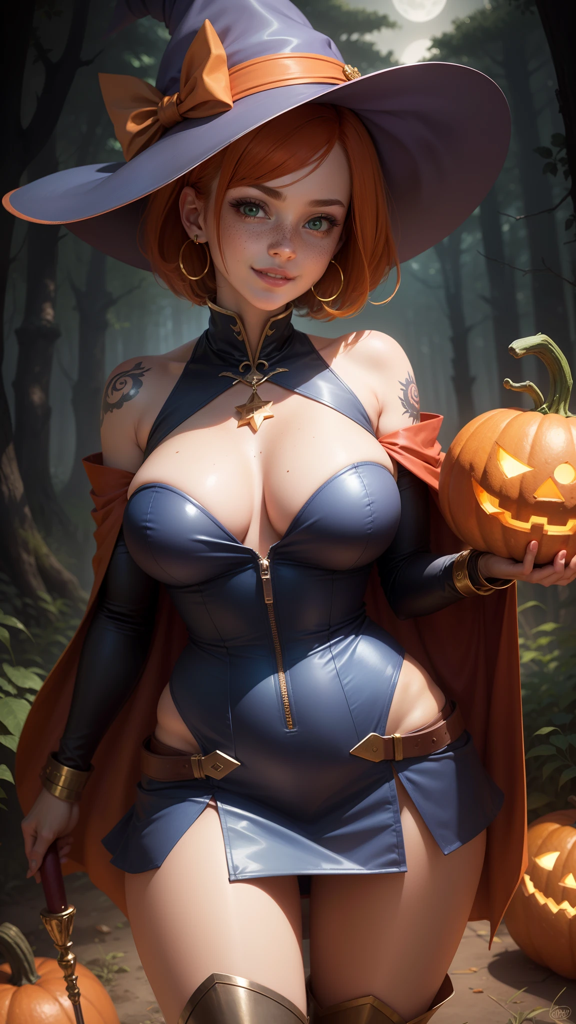 dark magician girl outfit,gwen tennyson,tracer,bulma,rebecca chambers,solo girl,close up, moonlight,gold neck jewelry,body tattoos,pink mini skirt,short hair,blue witch hat,dark magician girl clothes,holding a short staff,pumpkin village,pink magician girl cape,silver earrings,halloween forest,glowing pumpkin,green eyes,orange hair,shy smile,freckles,redhead,beautiful girl, large breasts,thigh high boots,ultra detailed,realistic,fantasy art,