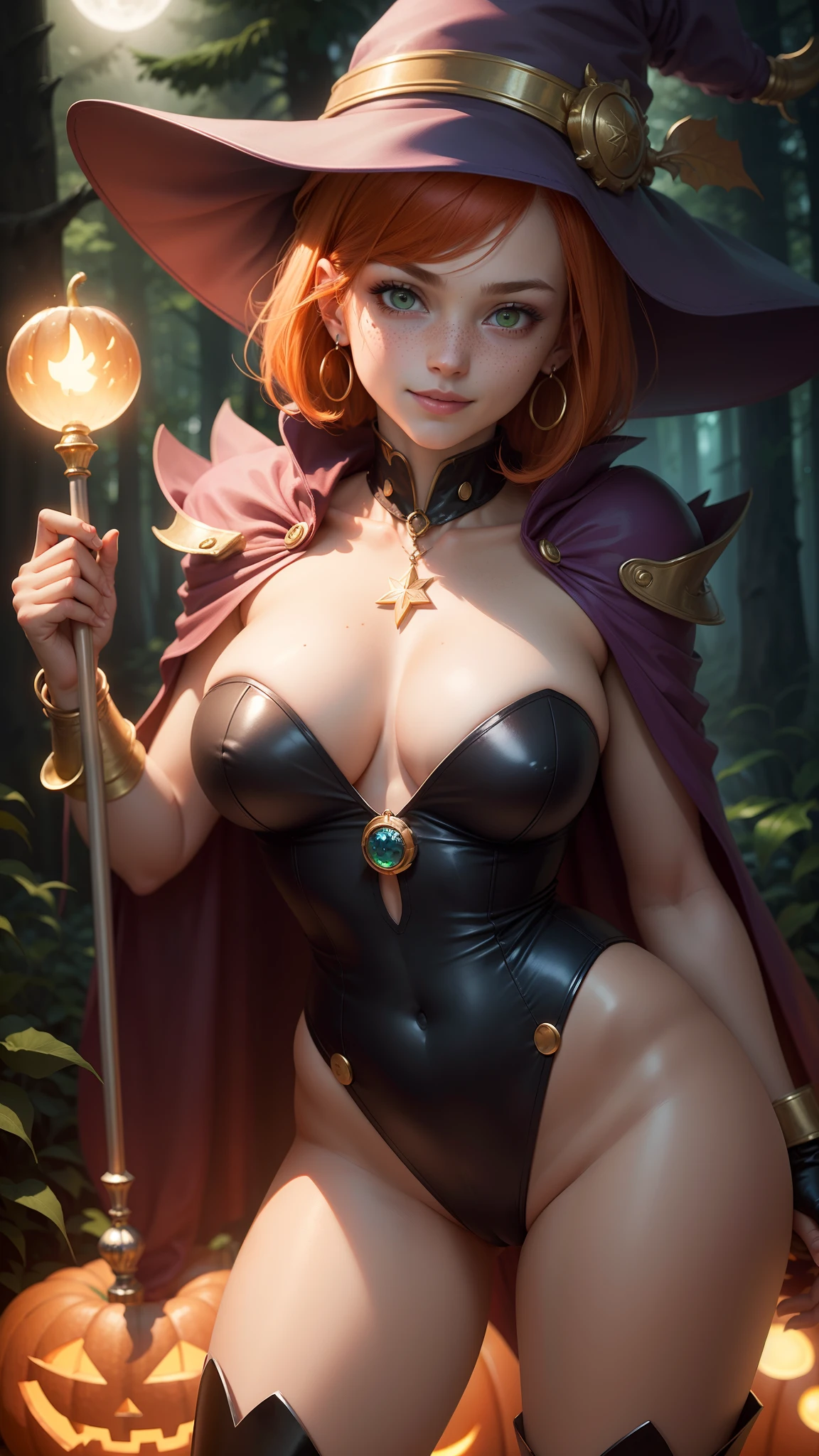 dark magician girl outfit,gwen tennyson,tracer,bulma,rebecca chambers,solo girl,close up, moonlight,gold neck jewelry,body tattoos,pink mini skirt,short hair,blue witch hat,dark magician girl clothes,holding a short staff,pumpkin village,pink magician girl cape,silver earrings,halloween forest,glowing pumpkin,green eyes,orange hair,shy smile,freckles,redhead,beautiful girl, large breasts,thigh high boots,ultra detailed,realistic,fantasy art,