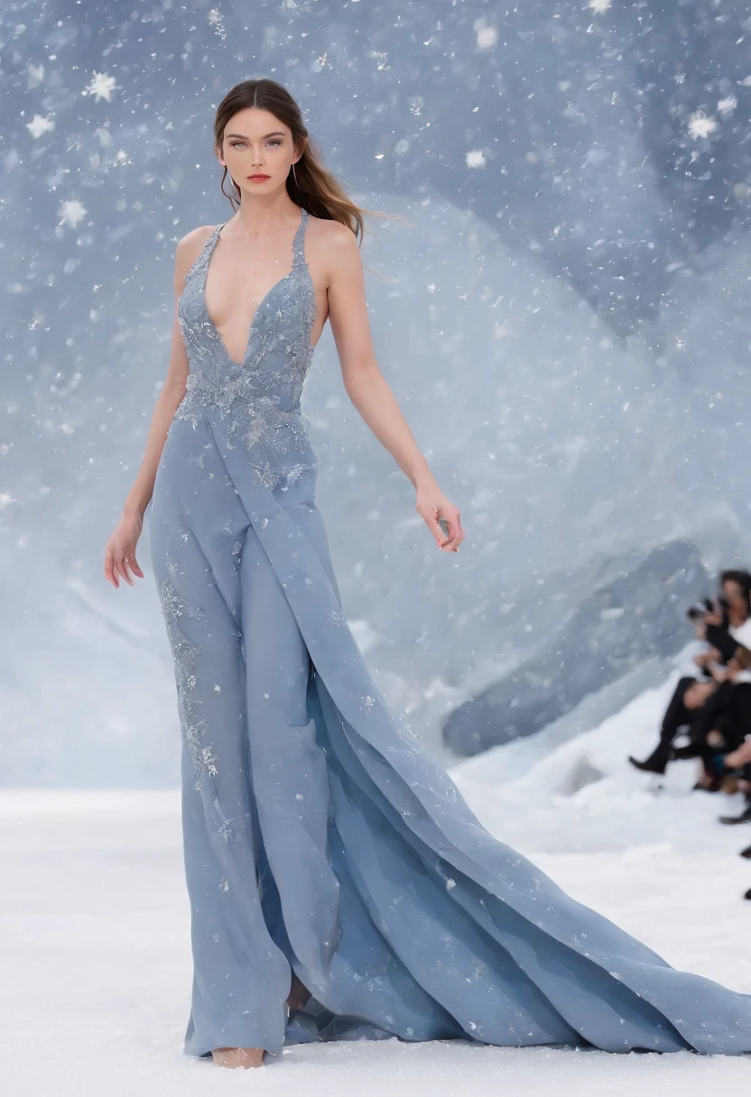 (Best quality,4K,8K,A high resolution,Masterpiece:1.2), Ultra-detailed, (Realistic,Photorealistic,photo-realistic:1.37), fashion show photo, Gisele Bundchen,Adriana Lima,Candace Swanepul, (Supermodel physique), fashion show photo, ((Full body photo)), Ethereal, Romantic, supermodel body, There is black、white colors、beiges,greys,Silvertone,Long blue flowing dress,(Chanel style clothing), Opal necklace, Beautiful high heels, Glamorous, Flowing trousers, indoor: (((Runway scene))), (Snowflakes in the background, wave,stars, ), inside in room:Catwalk scene, Long-range shooting.