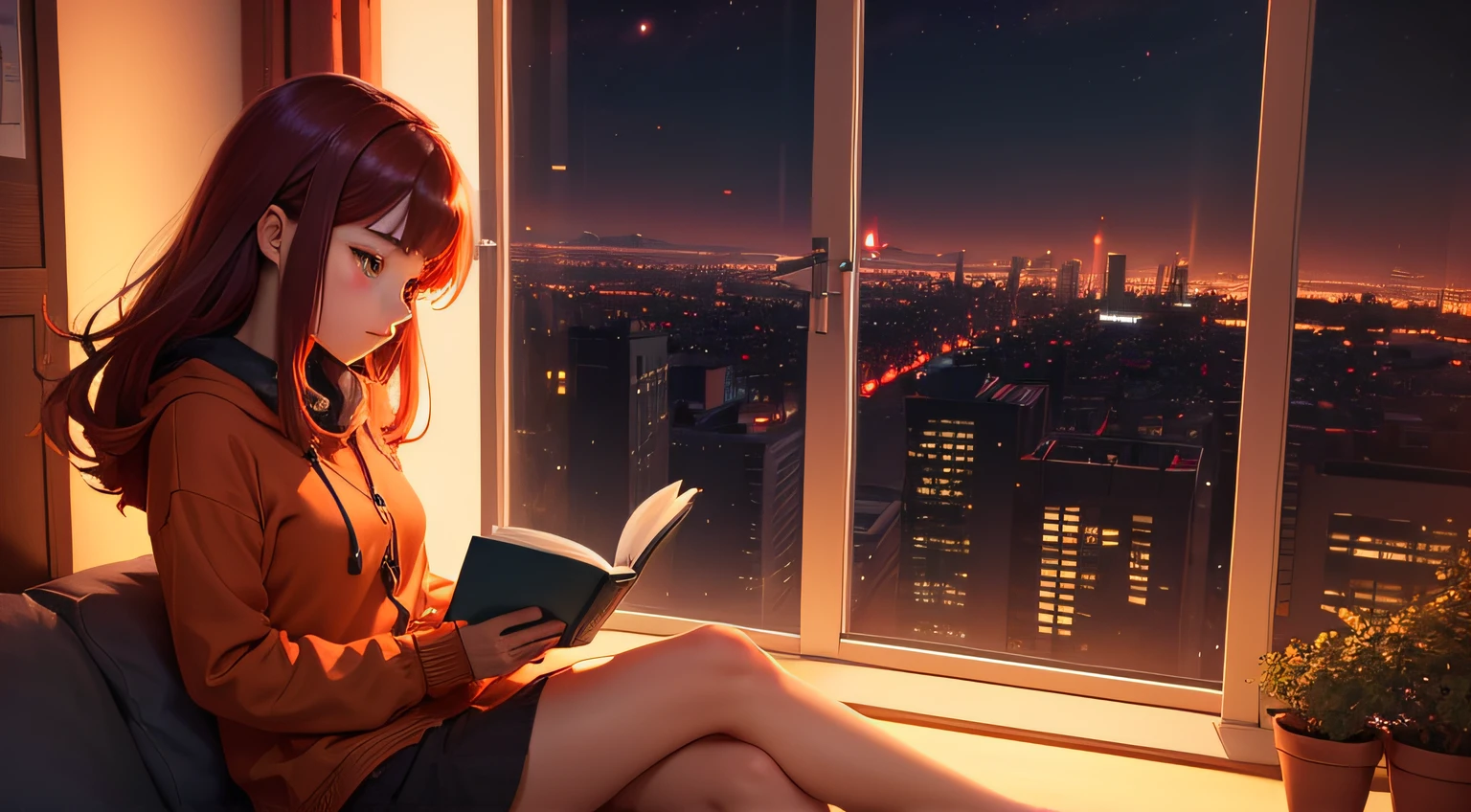 a girl is reading while sitting on a window sill by her window, in the style of anime-inspired characters, dark red and orange, night view, detailed environments, catcore, 8K resoltuion, richly colored skies, psd graphics