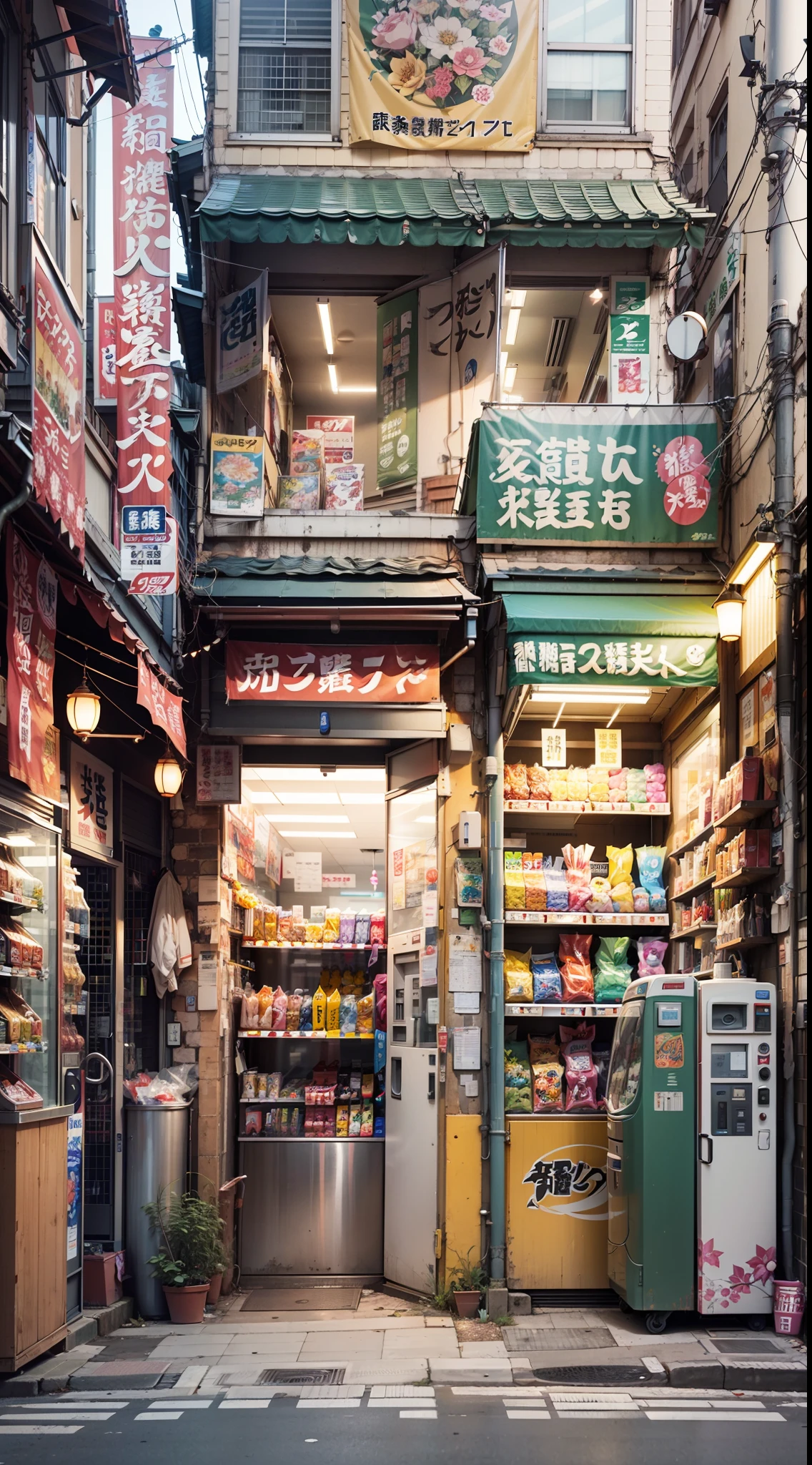Anime background, empty, compact Japanese downtown street. anime, anime style. vending machines, trash cans, plant pots, drains, air vents, gutters, pipes, wires, big Japanese shop signs, retro Japanese shop banners. (no one :1), no one in sight.