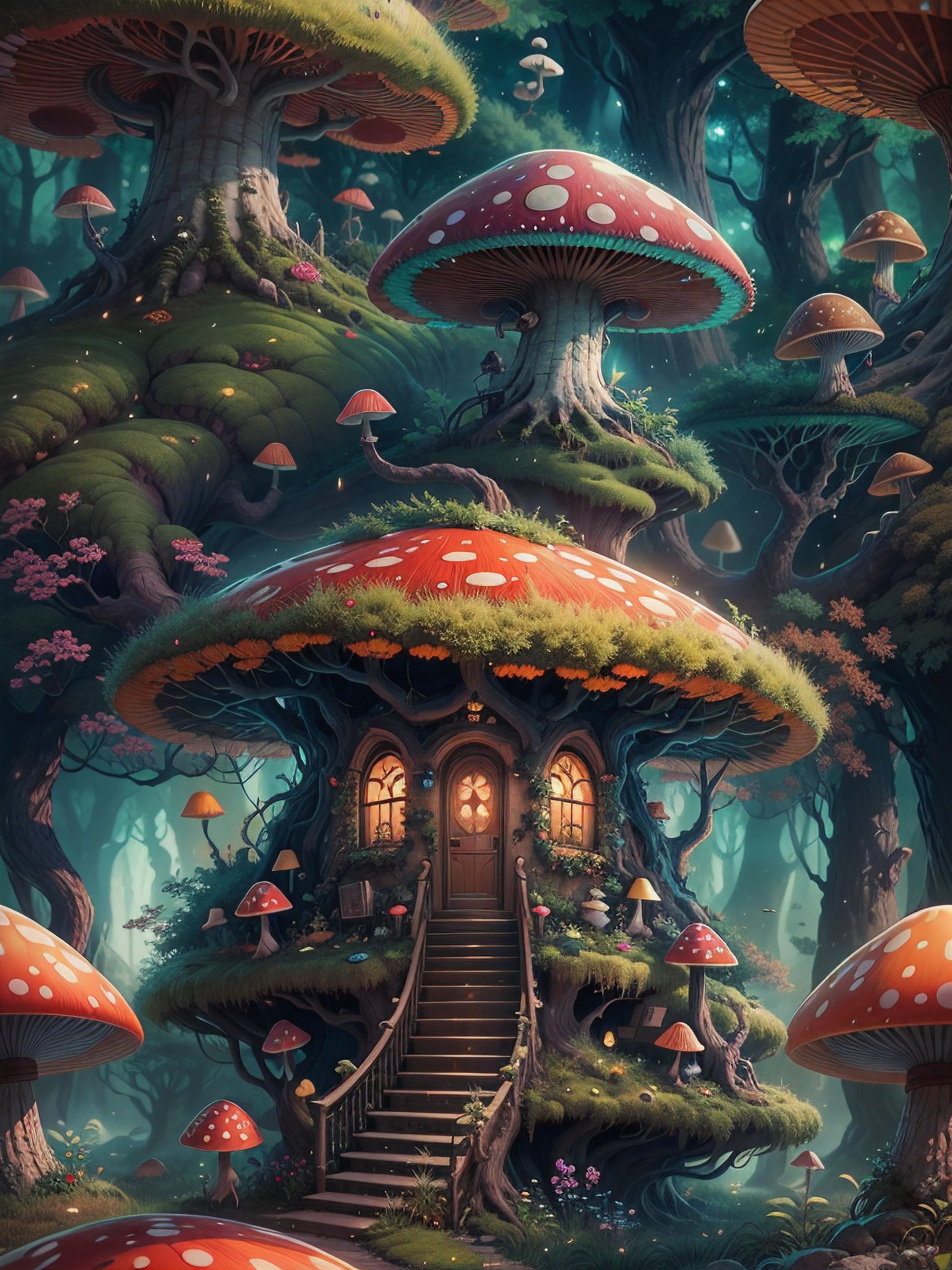 an illustration of the enchanted forest, with tall green trees, small colorful house in a fantasy mushroom in the center, magic, centered, symmetry, painted, intricate, volumetric lighting, beautiful, rich deep colors masterpiece, sharp focus, ultra detailed, astrophotography. The composition is very detailed, 8K, perfect composition., ultra hd, realistic, vivid colors, highly detailed, UHD drawing, pen and ink, perfect composition, beautiful detailed intricate insanely detailed octane render trending on artstation, 8k artistic photography, photorealistic concept art, soft natural volumetric cinematic perfect light