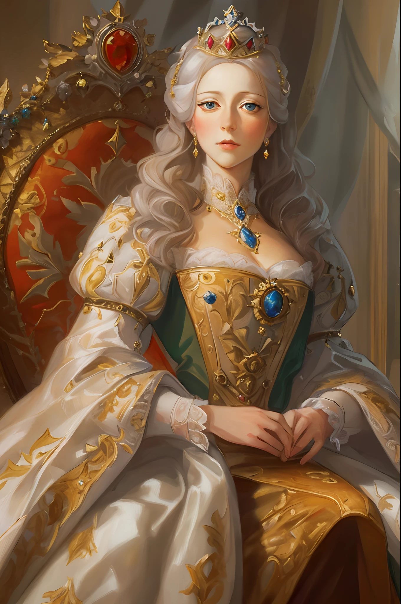 Catherine II，Female emperor, elegant posture, regal outfit, powerful and confident expression, beautiful detailed eyes, beautiful detailed lips, intricate crown, luxurious throne, historical setting, oil painting style, realistic, vibrant colors, dramatic lighting, masterpiece:1.2