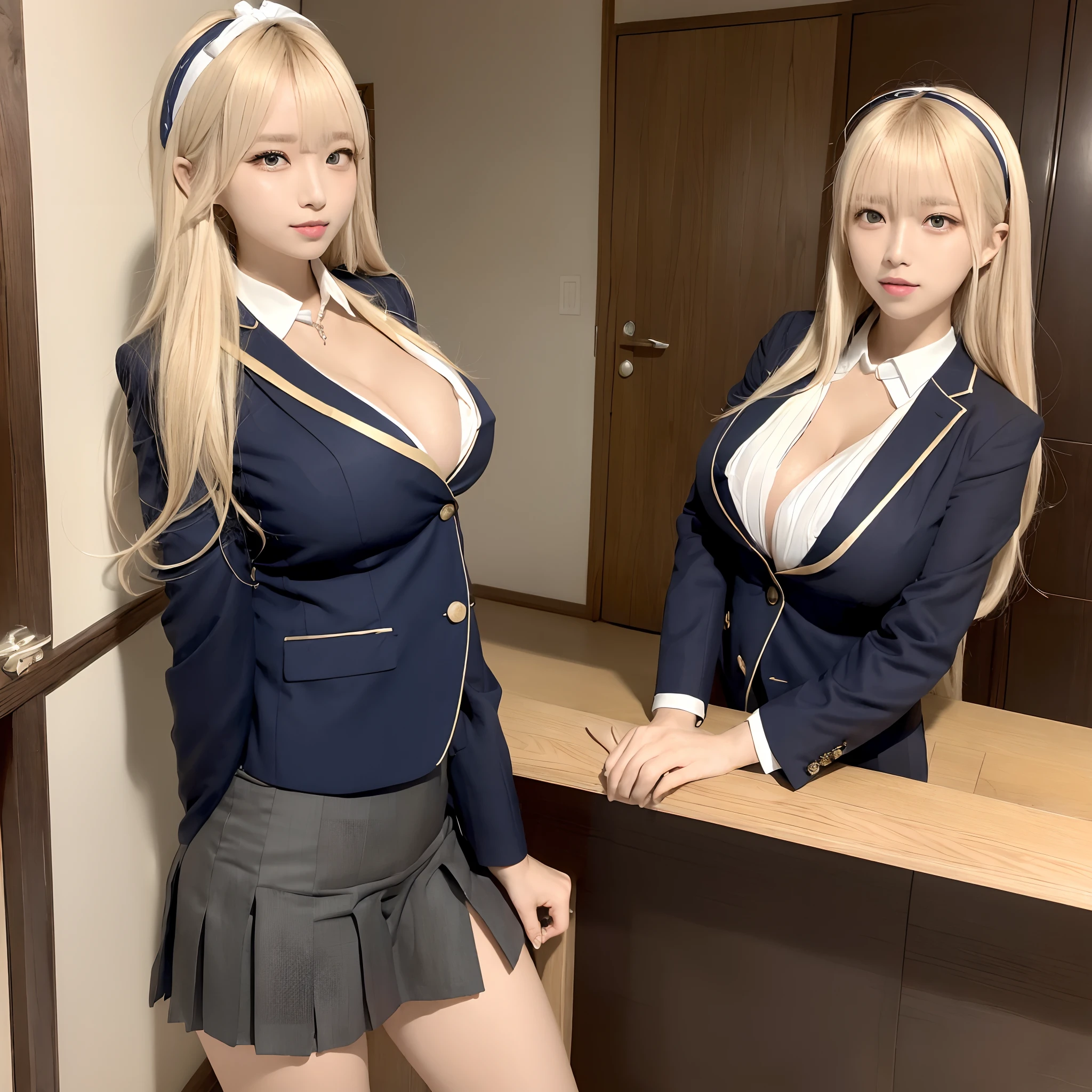 ((top-quality、8K、masterpiece:1.3))、(Japanese high school students:1.1)、full body Esbian、1人、Beautiful woman with slender abs:1.3、(Colossal tits:1.5), hyperdetailed face、Dark skin、二重まぶた、cute smile face, Yellow eyes, tall, Ribbon Headband, Necklace, A bracelet, (a blond, Gradient Hair:1.2, Bangs), Shirt, Pleated School Skirt:1.2, In the blazer、shortpants、all-fours、Valley、Hahata、Erotic