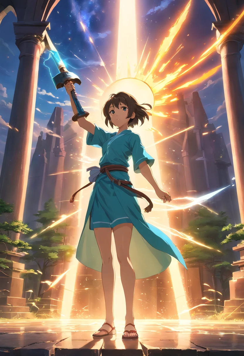 (best quality,4k,highres), detailed Cleric holding up a large hammer with a sun symbol in one hand, and a shield with a sun symbol in the other, medieval fantasy style, (realistic:1.37), vibrant colors, intricate armor, golden sunlight, dynamic pose, ancient ruins, mystical atmosphere, epic battle scene, magical aura, ethereal background, fine details, majestic landscape, heroic protagonist, action-packed, radiant energy, ancient prophecies, legendary artifacts, dramatic lighting.