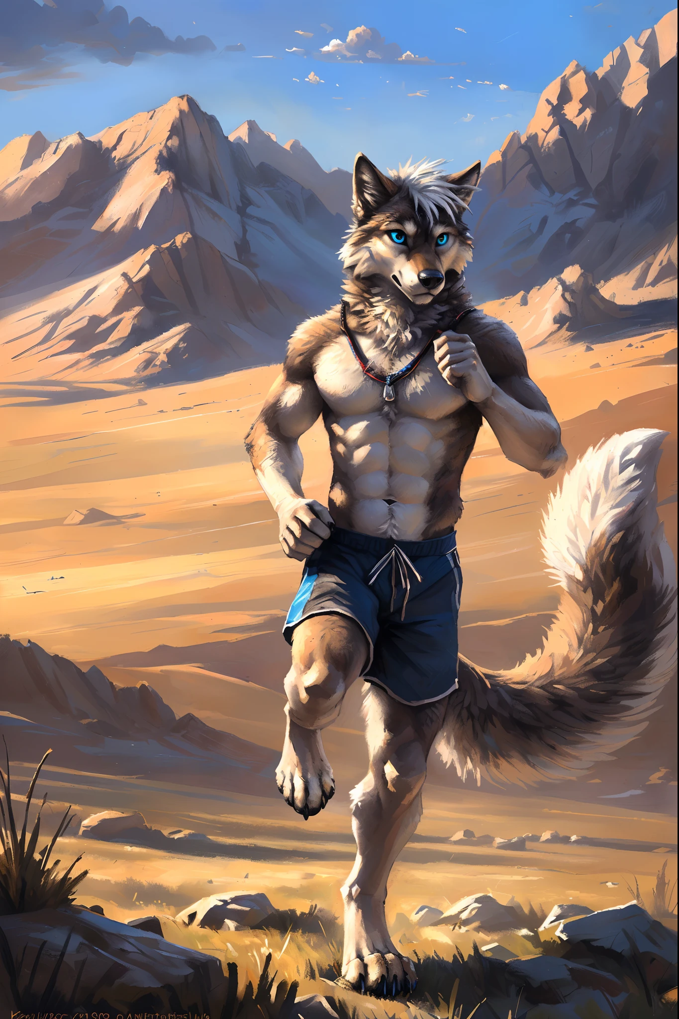 ((Solo)), male people, anthro wolf, (Multi-colored fur, White-brown:1.3，White tail pointed), ((Wolf face, White hair, Big eyes, White eyelids, Blue pupil, Slim:1.2) (Tough, Calm expression:1.2)), Abs, Slim, pinging)), (Correct anatomy), (Work shorts:1.1), The upper body is naked, (detailed outfits),A big tail，Feet，(Realistic fur, Detailed fur texture, labeled:1.3)), (Natural lighting), Photorealistic, Hyperrealistic, ultradetailed, by Kenket，Endless grasslands，There are no trees，There are no big stones，No artificiality，erect through，Running on
