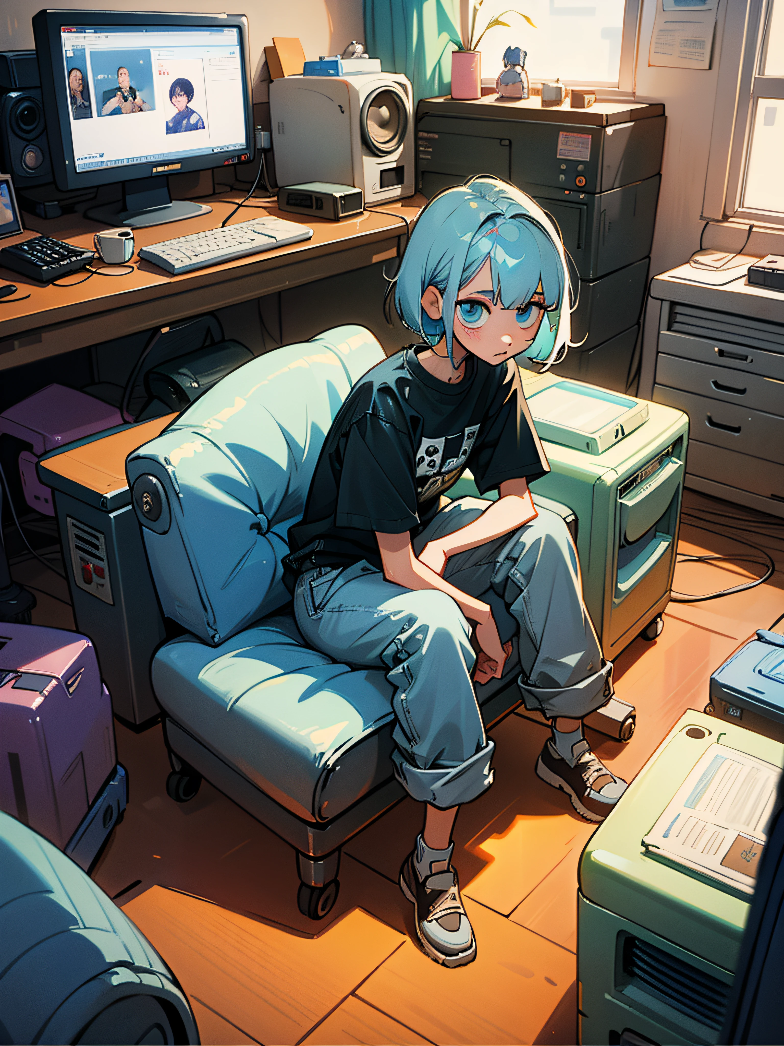 Short Bob's20Teenage woman sitting in old messy room、Hair color is black、Buggy denim on a baggy T-shirt、A lot of retro cameras, computers, etc. are falling on the floor