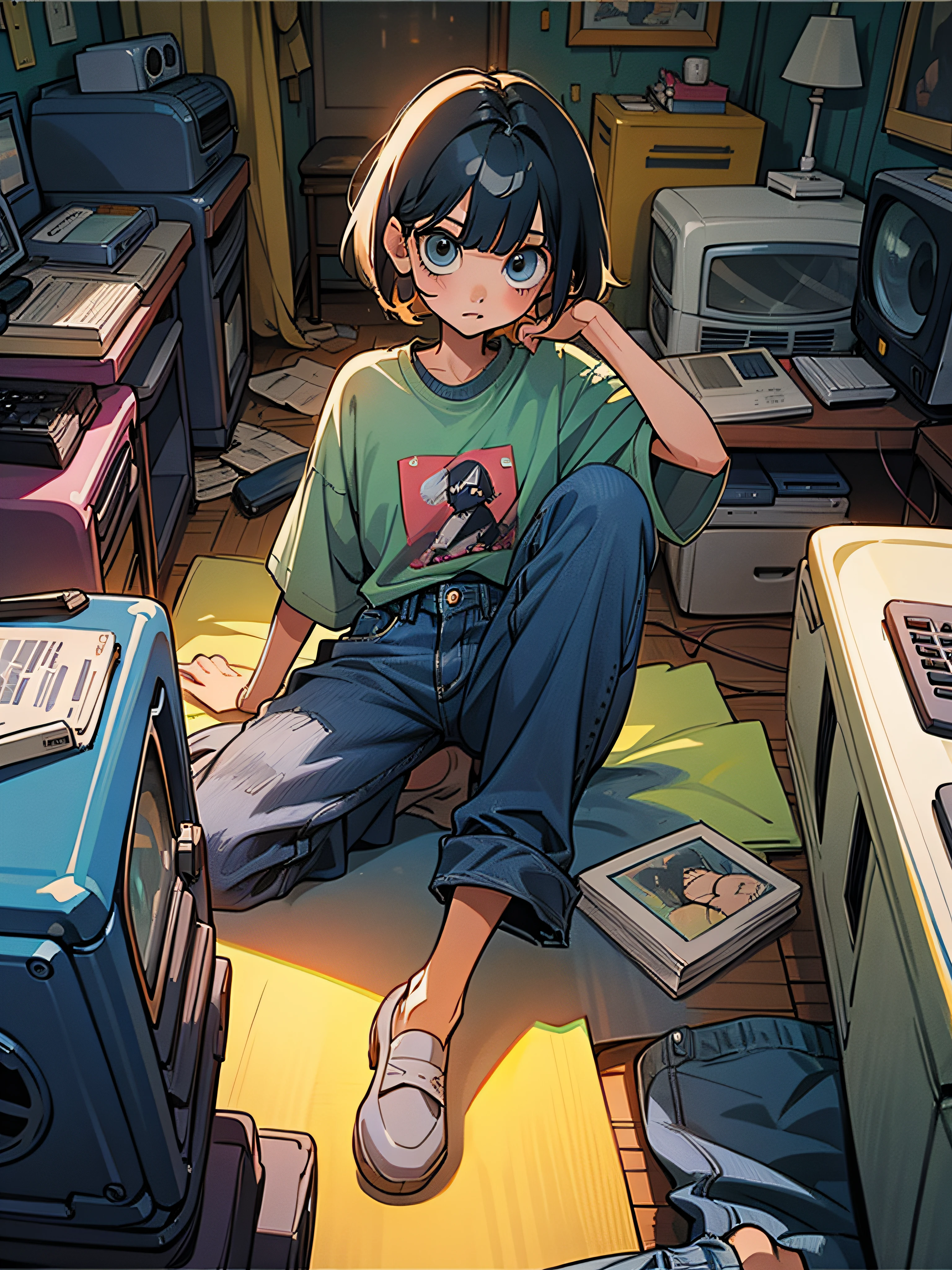 Short Bob's20Teenage woman sitting in old messy room、Hair color is black、Buggy denim on a baggy T-shirt、A lot of retro cameras, computers, etc. are falling on the floor