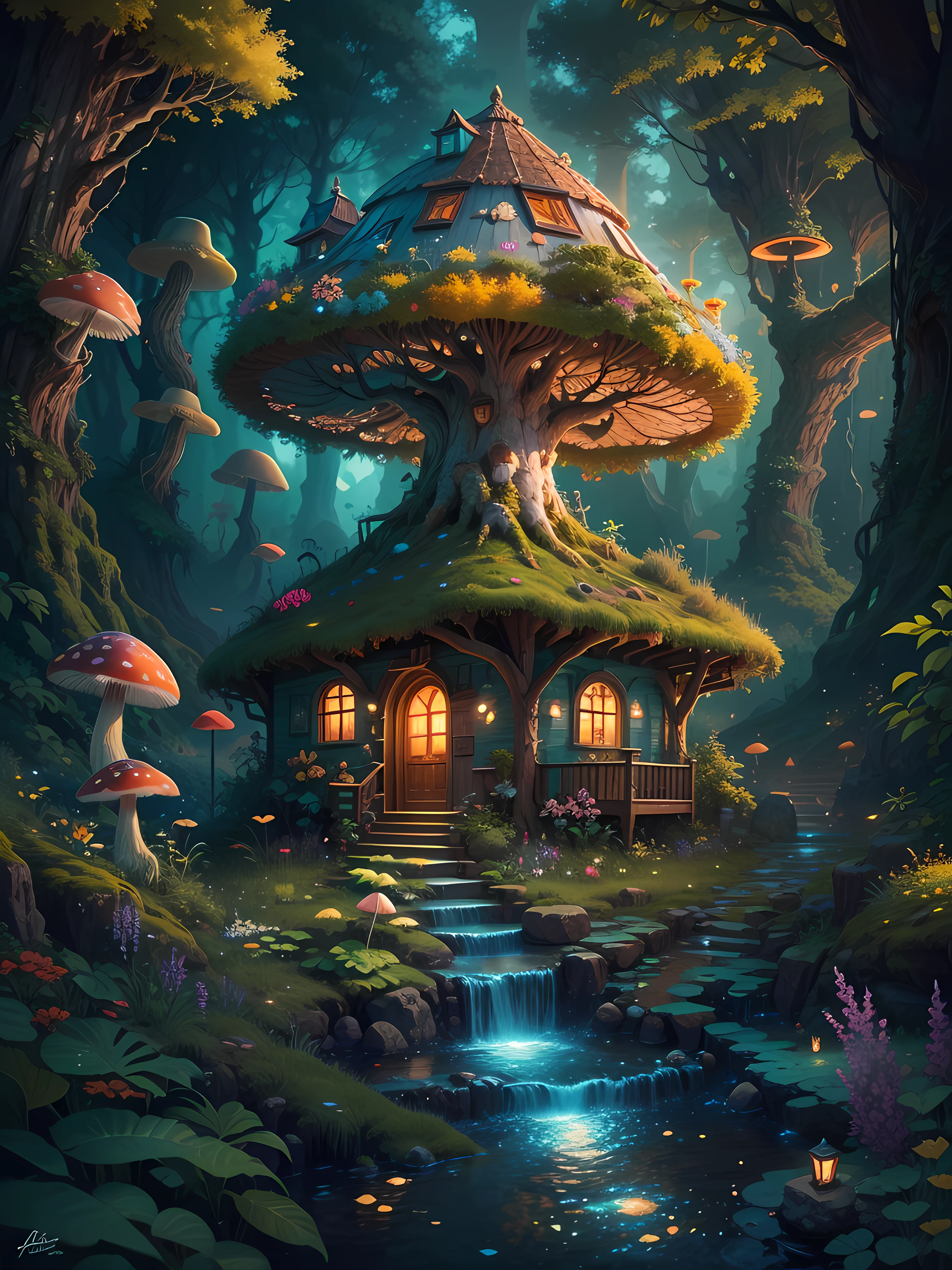 an illustration of the enchanted forest, with tall green trees, small colorful house in a fantasy mushroom in the center, magic, centered, symmetry, painted, intricate, volumetric lighting, beautiful, rich deep colors masterpiece, sharp focus, ultra detailed, astrophotography. The composition is very detailed, 8K, perfect composition., ultra hd, realistic, vivid colors, highly detailed, UHD drawing, pen and ink, perfect composition, beautiful detailed intricate insanely detailed octane render trending on artstation, 8k artistic photography, photorealistic concept art, soft natural volumetric cinematic perfect light