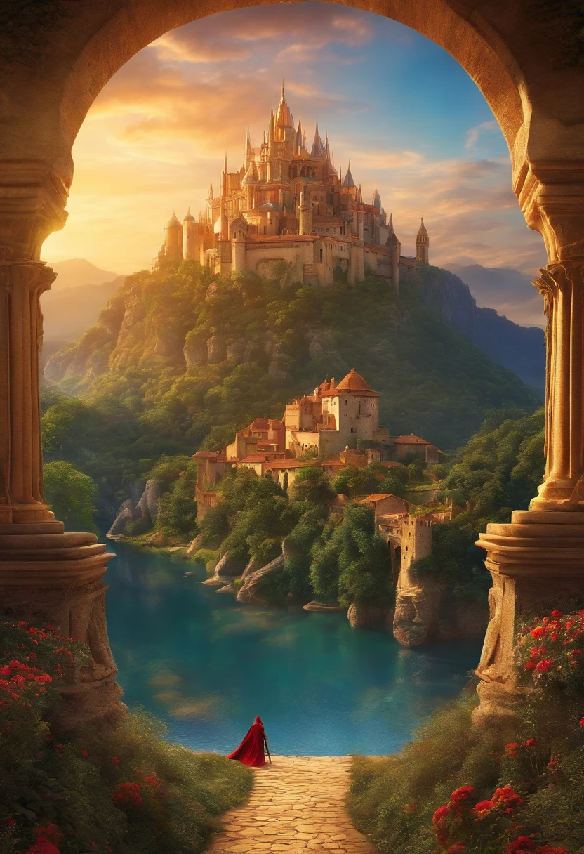 Mundo de fantasia, maravilhoso, full of fantasy and FICTION, colorido, luminosadade baixa, Medium brightness (obra de arte), landscape presents a civilization mixed with medieval and futuristic, bela paisagem, 4K HD |, arte,