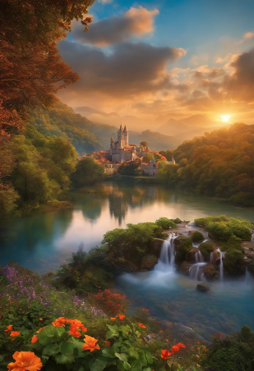 Mundo de fantasia, maravilhoso, full of fantasy and FICTION, colorido, luminosadade baixa, Medium brightness (obra de arte), landscape presents a civilization mixed with medieval and futuristic, bela paisagem, 4K HD |, arte,