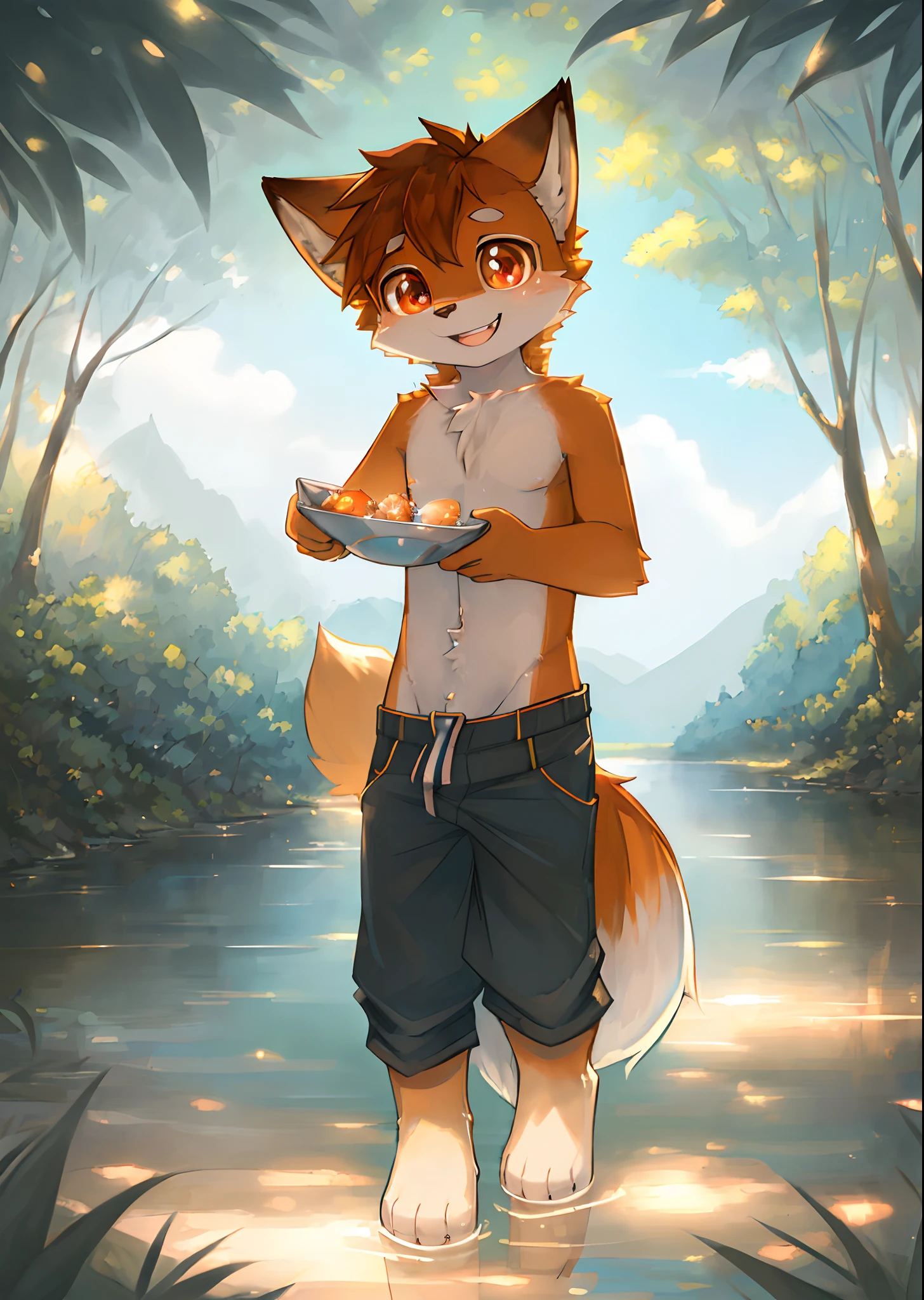 Beautiful scene (Two furry fox boys), In the creek, facing at camera,standing on your feet, ((cheerfulness, Laughing, Detailed face, Clear big eyes,Meticulous details)), Natural and soft lighting, 8K, sfv, Summer , Peaceful , (Fluffy paws), shorter pants,No top,
