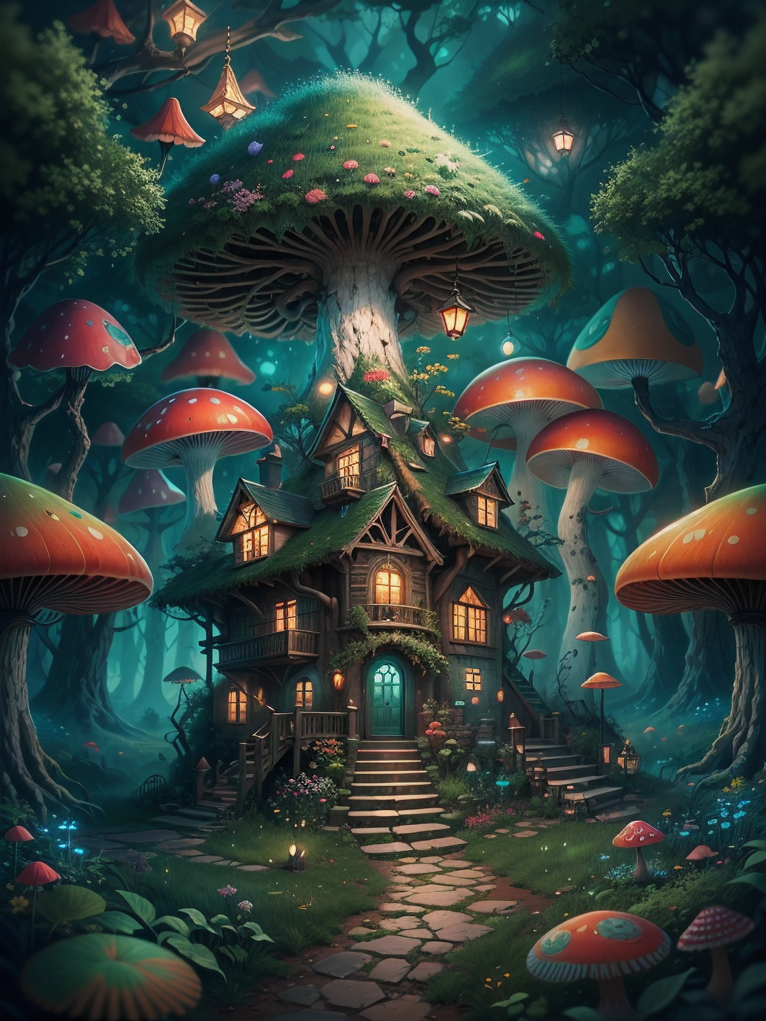 an illustration of the enchanted forest, with tall green trees, small colorful house in a fantasy mushroom in the center, magic, centered, symmetry, painted, intricate, volumetric lighting, beautiful, rich deep colors masterpiece, sharp focus, ultra detailed, astrophotography. The composition is very detailed, 8K, perfect composition., ultra hd, realistic, vivid colors, highly detailed, UHD drawing, pen and ink, perfect composition, beautiful detailed intricate insanely detailed octane render trending on artstation, 8k artistic photography, photorealistic concept art, soft natural volumetric cinematic perfect light