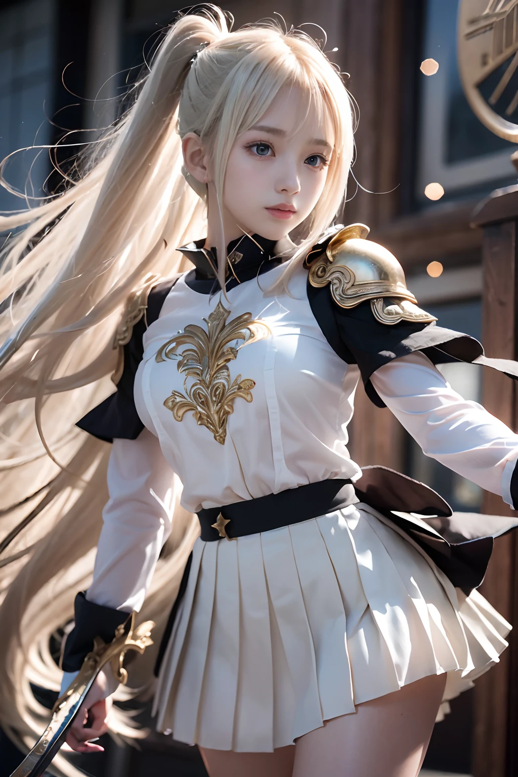 bright expression、poneyTail、young and shiny white shiny skin、Best Looks、Gold reflects light、Platinum blonde hair,Shine brightly、Shiny light hair,、Super long silky straight hair、Beautiful bangs that shine、Big blue eyes that sparkle like crystal clear and charming、Very nice and lovely 16 year old girl、Lush bust,Beautiful detailed eyes, Beautiful detailed nose,(( full bodyesbian:1.25)),Eyes emphasize makeup、((Mini pleated skirt,Multi-folded)),(A woman like Joan of Arc)、s Armor、Knights, With a sword and shield,Royal style,Comic style, , Sub-surface scattering, ornate detail, nature backdrop, Hyper-realistic, Cinematic, Dramatic lighting, masutepiece、(((Fight with a sword in both hands)))、Fluffy hair、