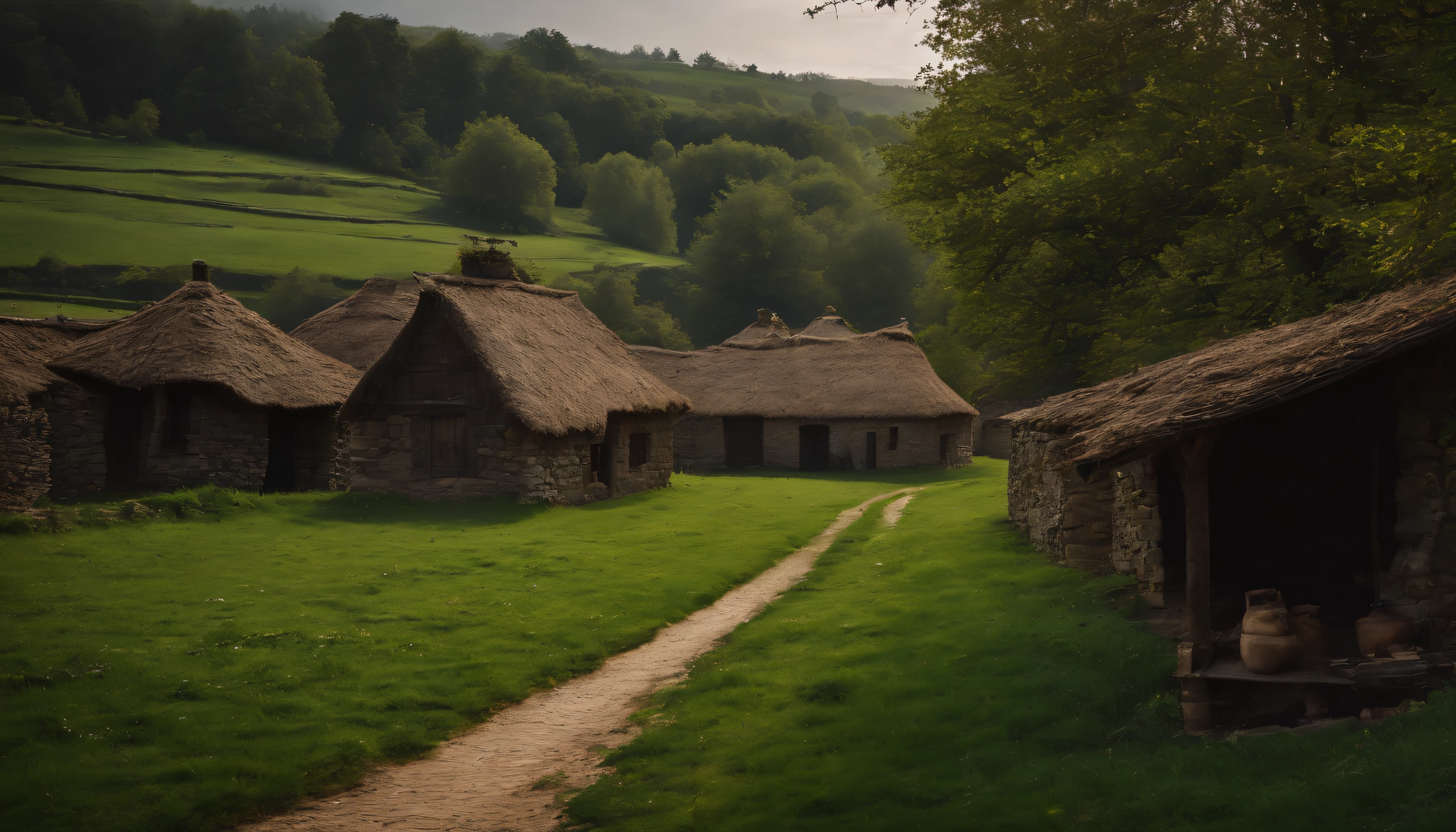 ((masterpiece)), (top quality), (best quality), A medieval village, huts with stone walls and thatched roofs, a dirt path, exotic trees, people tending to wear long robes and tunics, atmospheric, medieval, cinematic, real photo