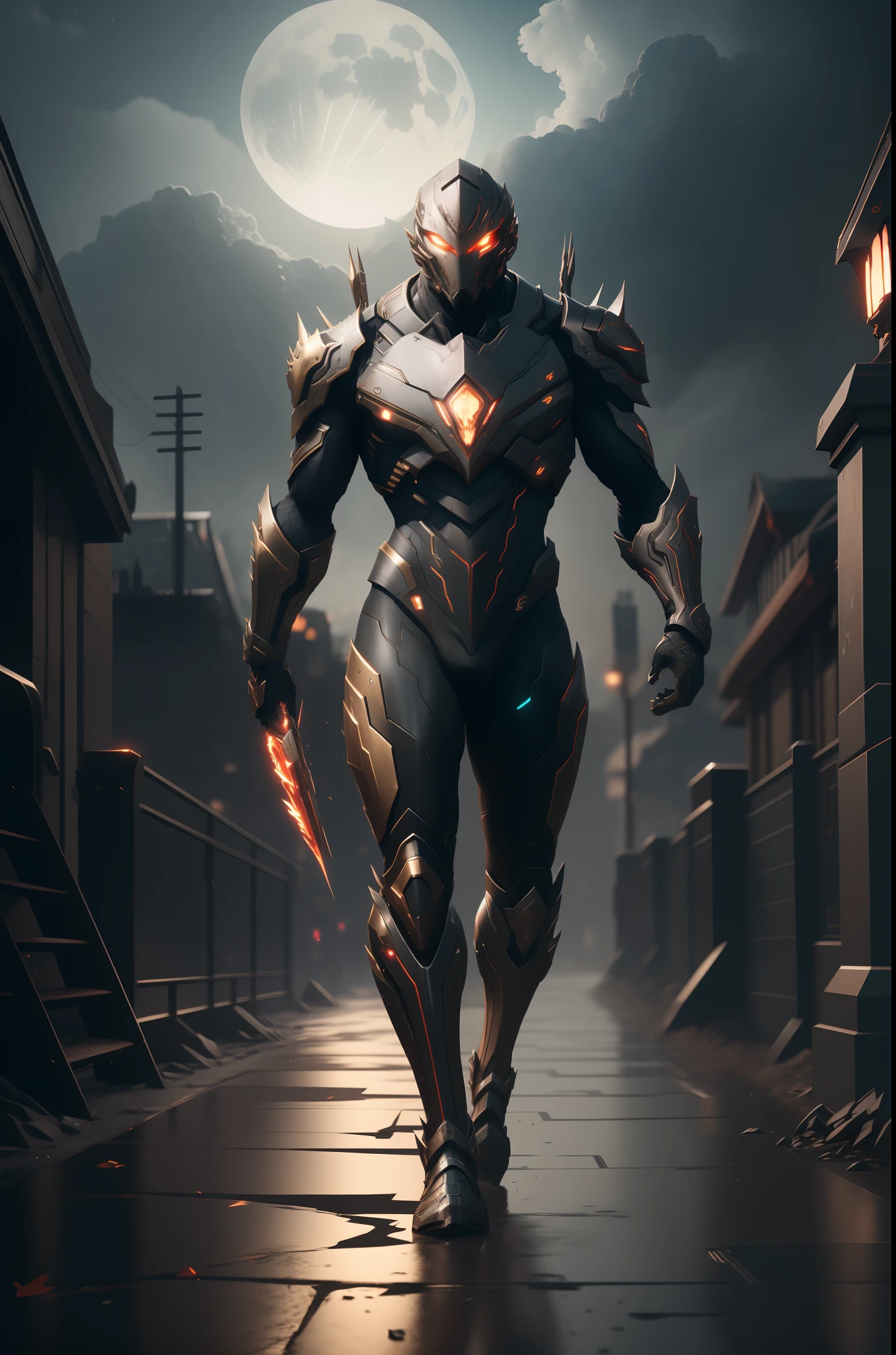Image of Arafard walking down the street with a man in armor, trending on artstation 4k, cyberpunk flame suit, 3 D rendering character art 8 K, trending on artstation hd, Amazing 8K character concept art, Unreal Engine 4K wallpapers, cybernetic flame armor, Trending ArtStation, trending on artstationh:3, Trend at Artstation，Texture optimization