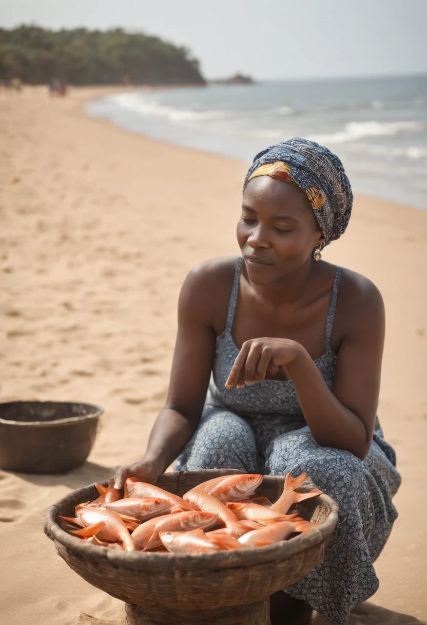Imagen realista de una mujer sierraleonesa de mediana edad sosteniendo una canasta de pescado frente a una playa, en una hora dorada, con poca profundidad de campo.