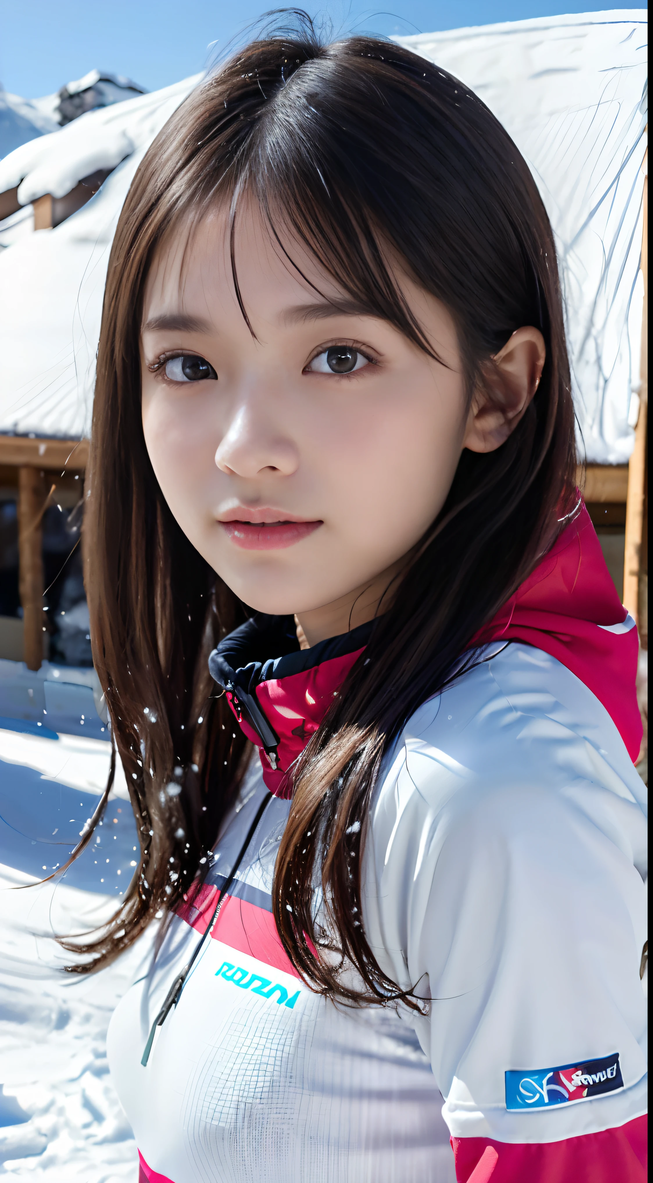 (Close up portrait of one girl with slender small breasts and long hair in colorful ski clothes:1.5)、(One girl skiing with show her face :1.5)、(Snow Ski Garden:1.5)、(Beautiful blue sky 1.5)、(Perfect Anatomy:1.3)、(No mask:1.3)、(complete fingers:1.3)、Photorealsitic、Raw photography、masutepiece、top-quality、hight resolution、delicate and pretty、face perfect、Beautiful detailed eyes、Fair skin、Real Human Skin、pores、((thin legs))、(Dark hair)